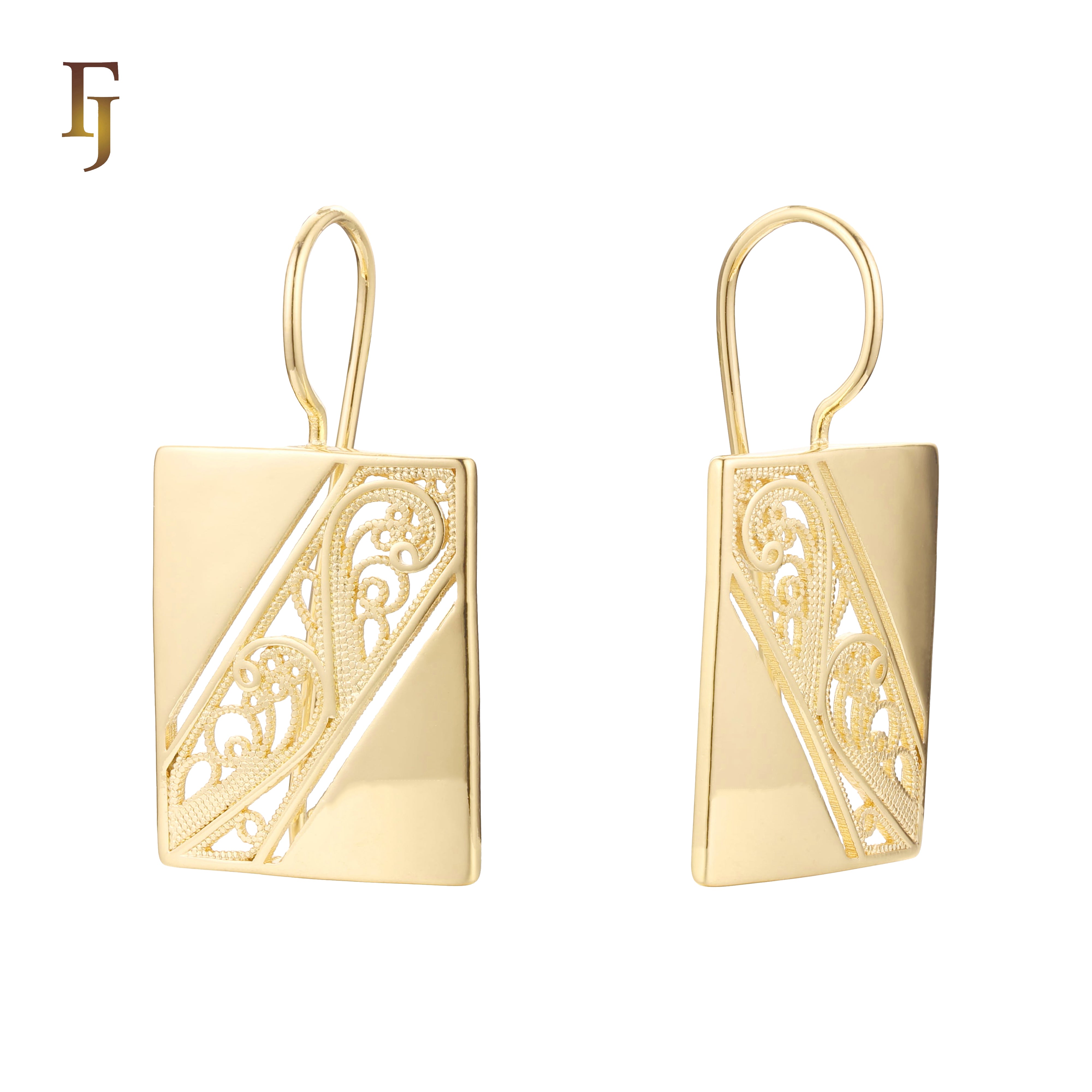 Rectangular Filigree Wire Hook Earrings – Gold-Plated Long Drop Earrings – Vintage Hollow Carved Design