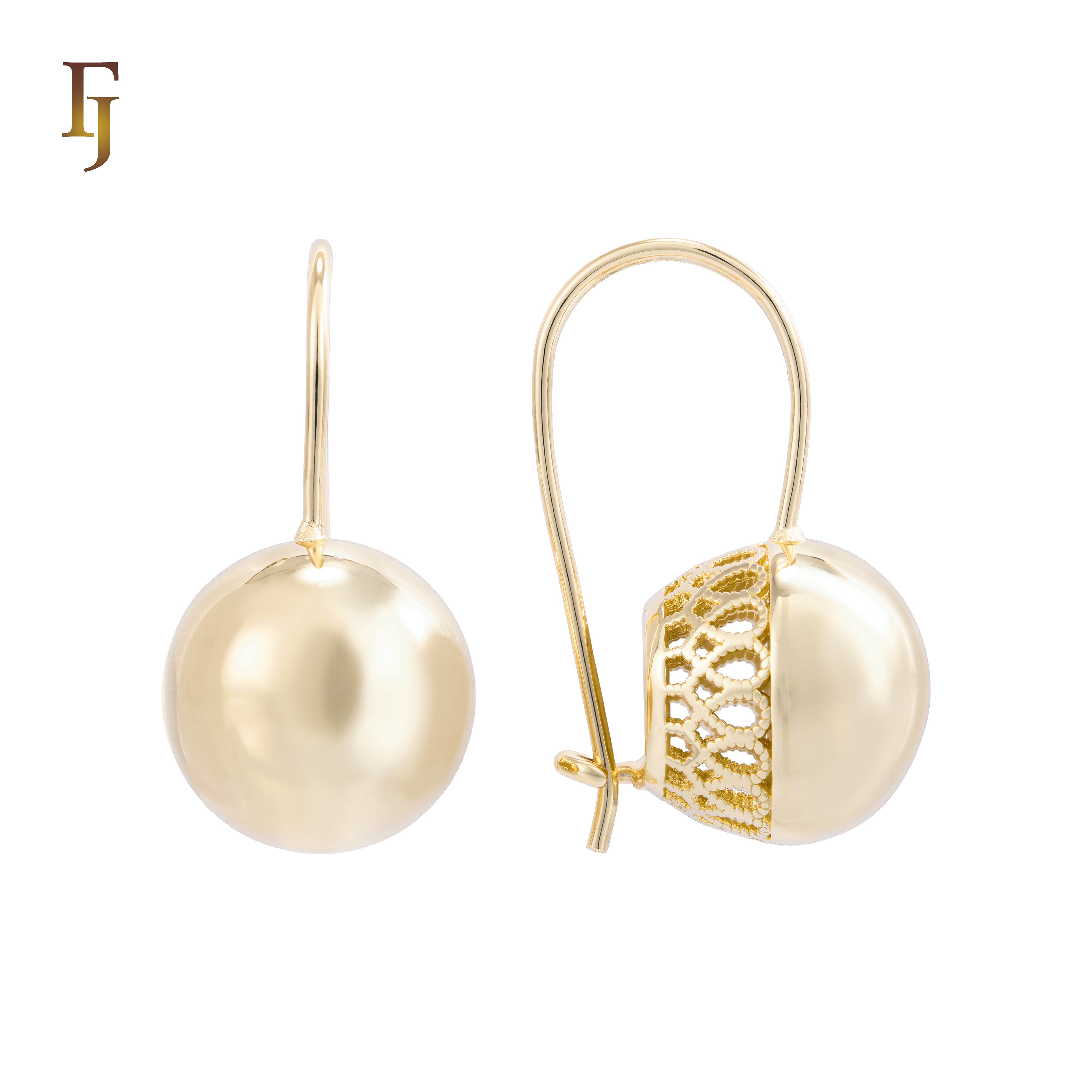 Gold Wire Hook Earrings – Polished Dome Drop with Geometric Filigree Back | Timeless Lightweight Jewelry by FJ