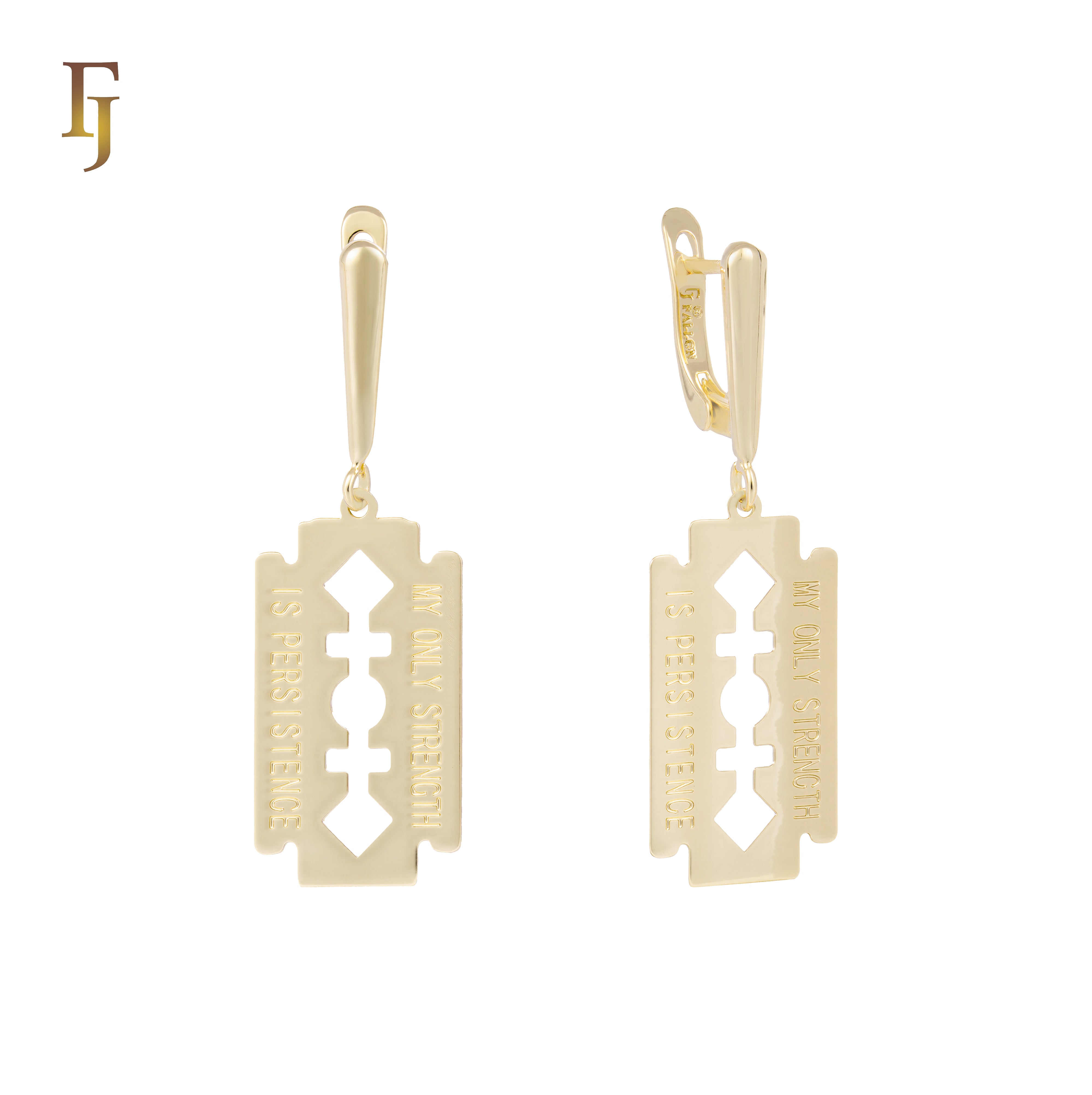Gold Plated Razor Blade Russian Lock Earrings with Engraved Inspirational Quote