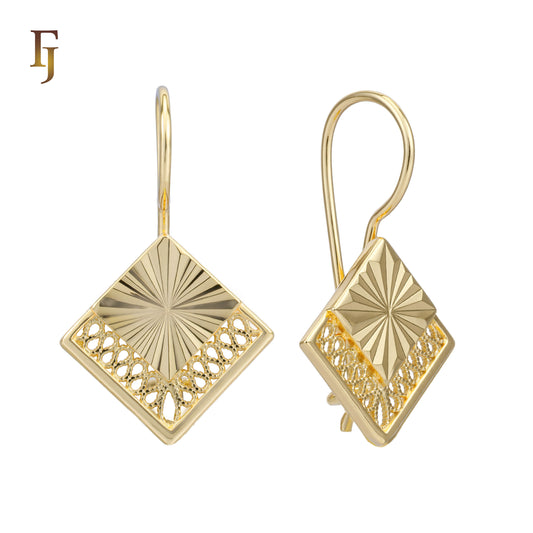Gold Child Earrings – Diamond Shape Wire Hook with Sunburst and Filigree Design | Lightweight Kids Jewelry by FJ