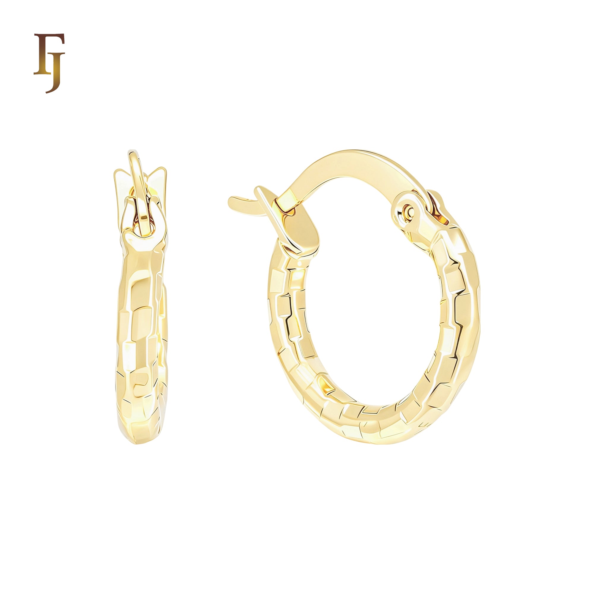 Sqaured disco textured rounded tube 14K Gold Hoop Earrings