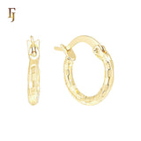 Sqaured disco textured rounded tube 14K Gold Hoop Earrings