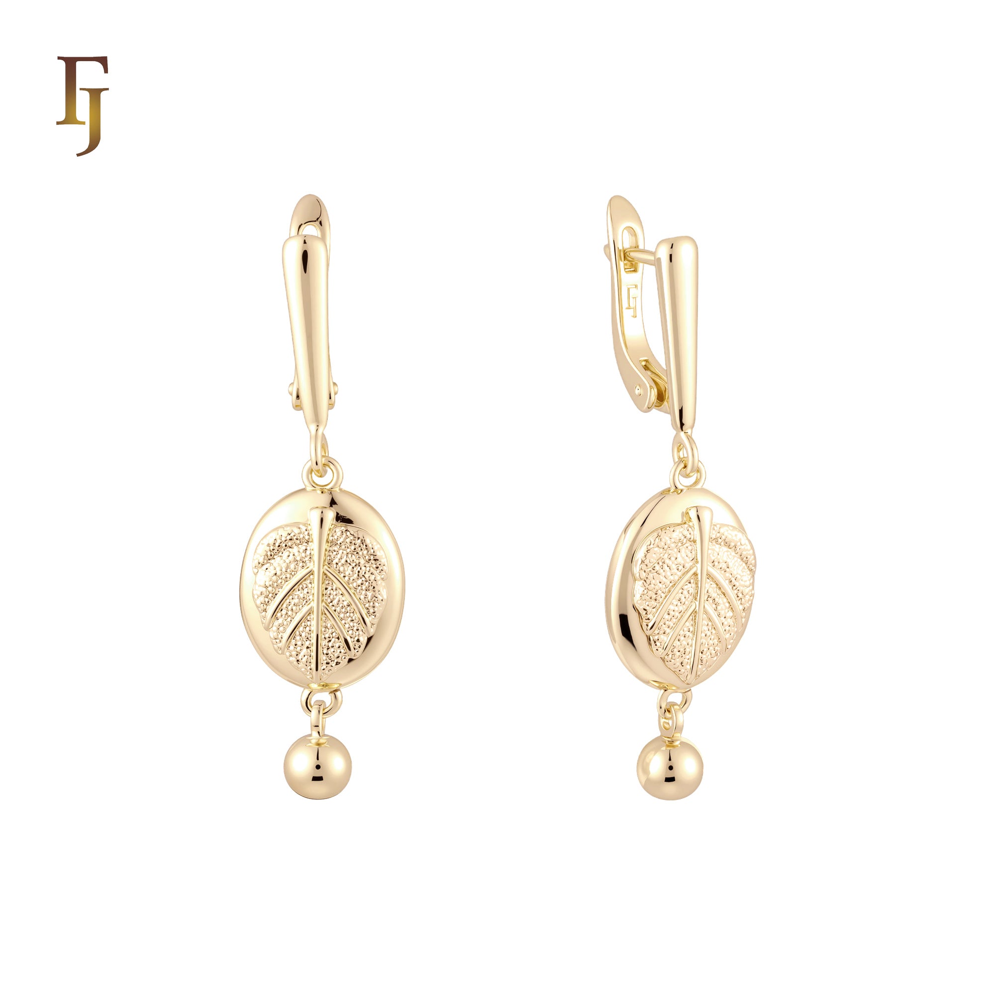 Oval bead of wide leaf 14K Gold, Rose Gold Russian Lock drop Earrings