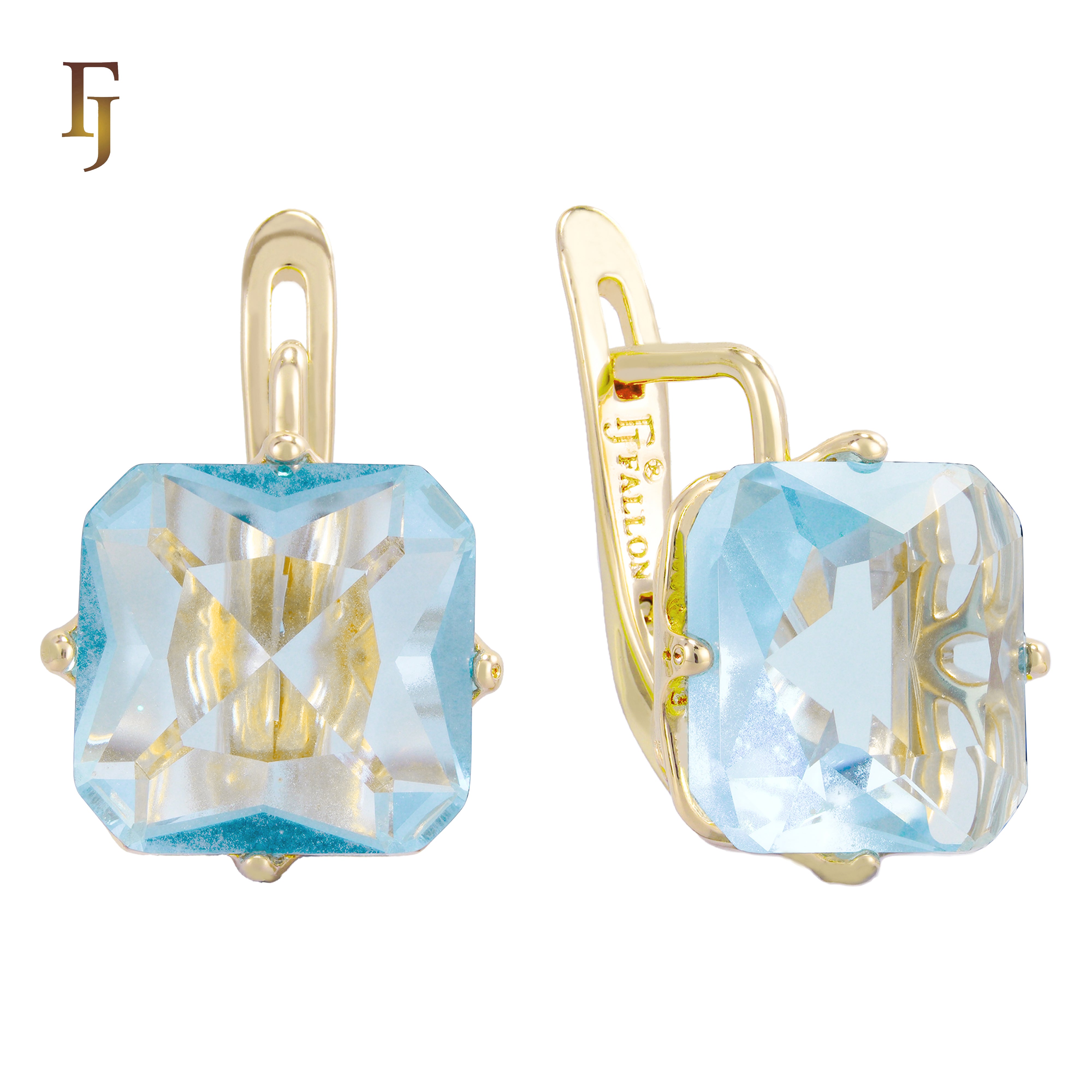 🔥 Gold Plated Russian Lock Earrings with Blue Princess-Cut Stone for Elegant Occasions