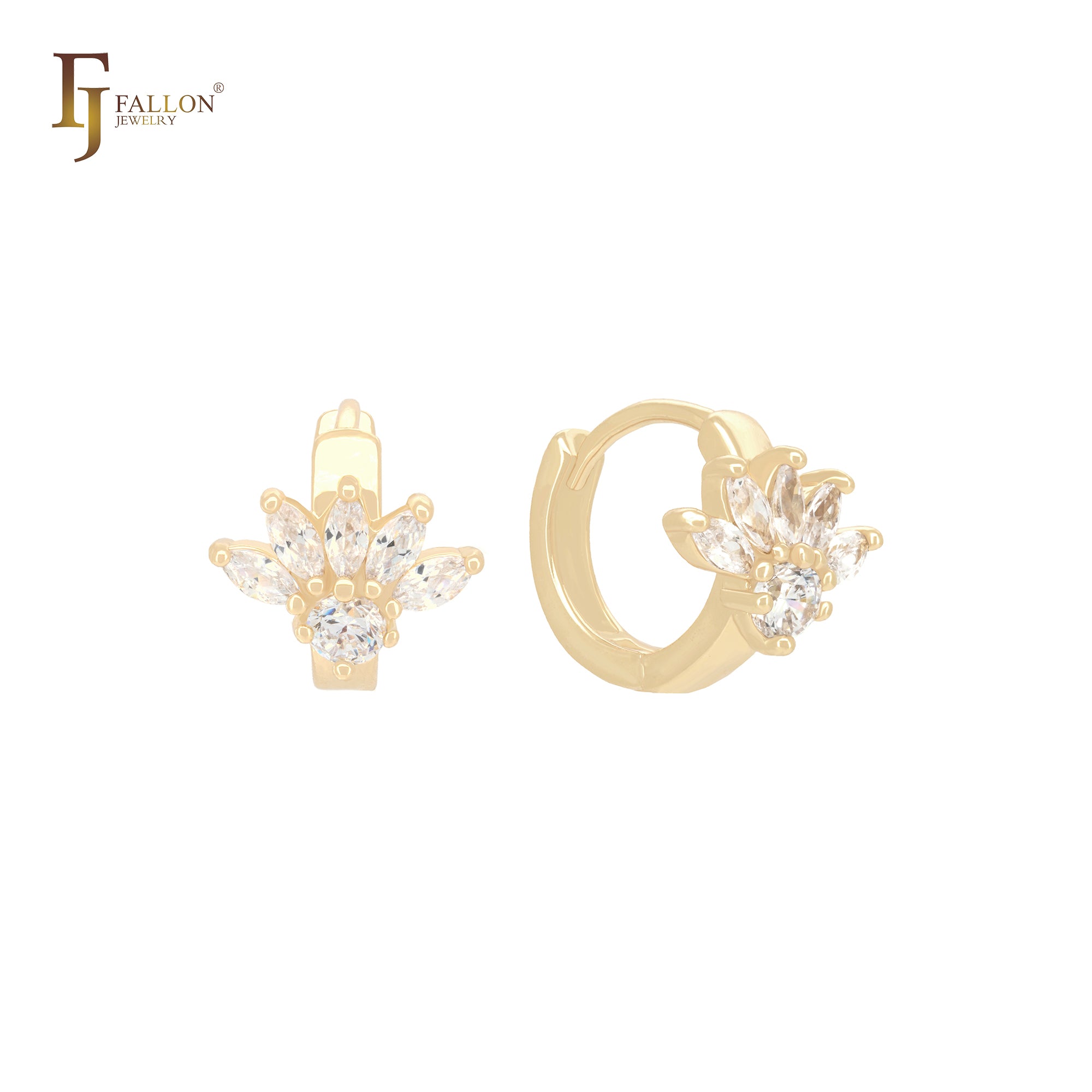 Luxurious white CZs flower 14K Gold Huggie Earrings