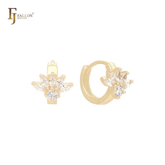 Luxurious white CZs flower 14K Gold Huggie Earrings