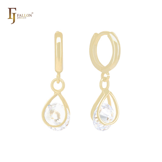 钻石形白色 CZ 爪形 14K 金耳环