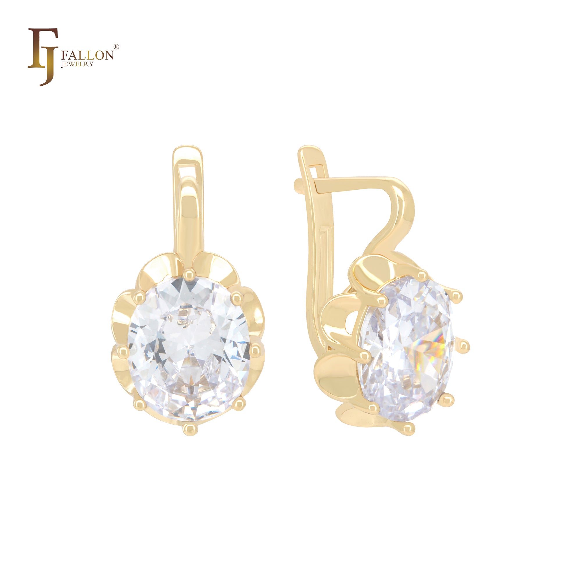 Giant Clawed Solitaire Oval White CZ 14K Gold Russian Lock Earrings