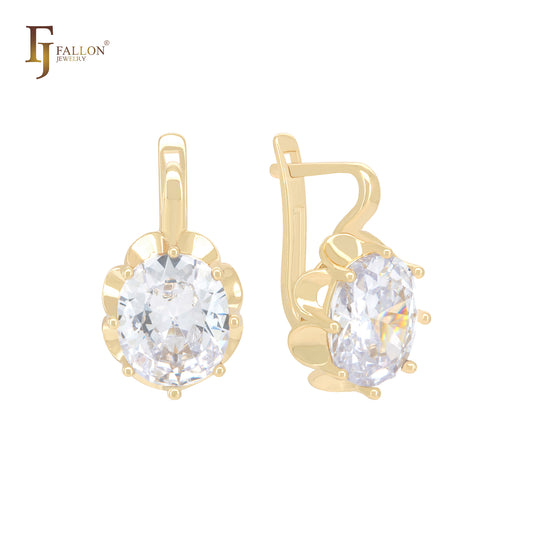 Giant Clawed Solitaire Oval White CZ 14K Gold Russian Lock Earrings