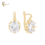 Giant Clawed Solitaire Oval White CZ 14K Gold Russian Lock Earrings
