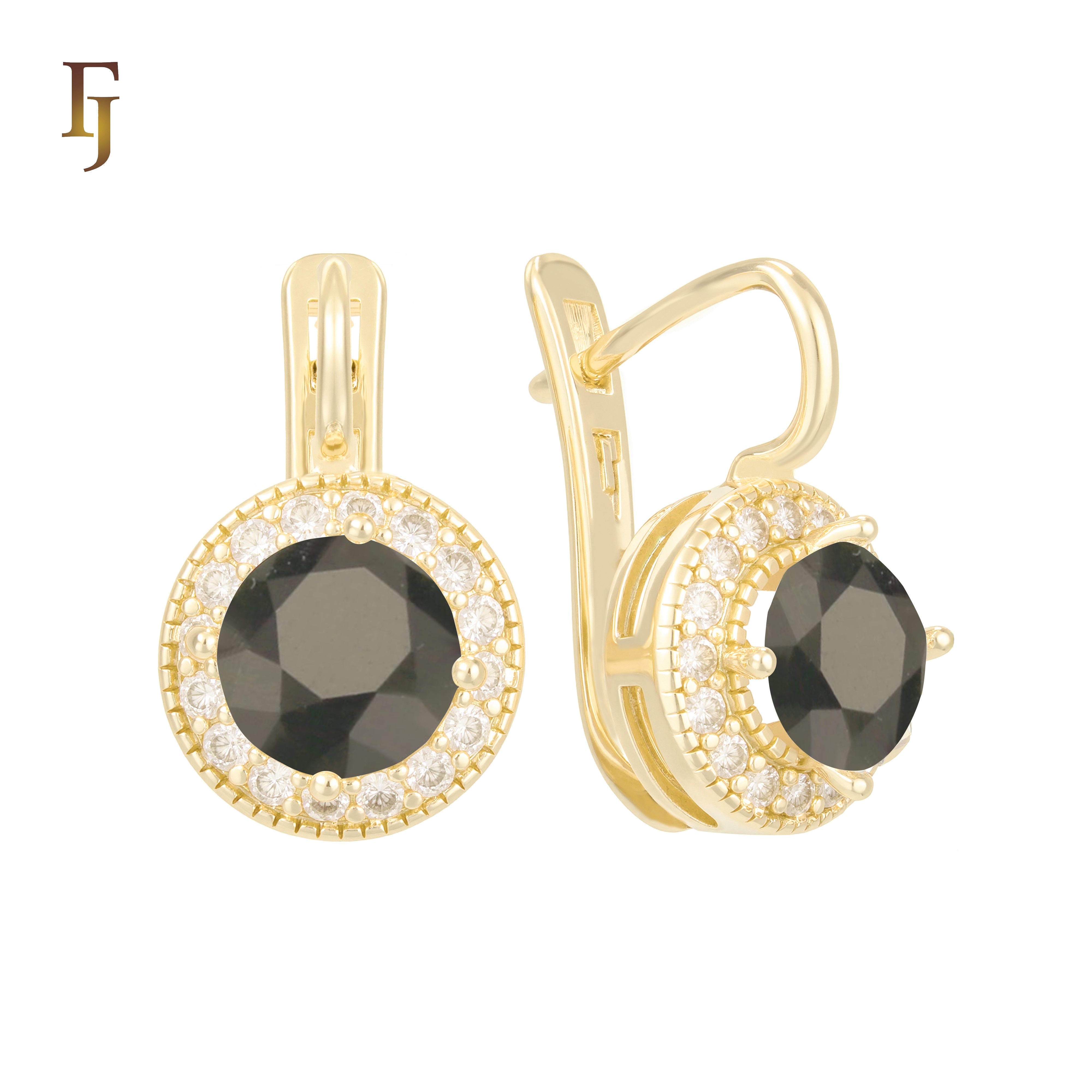 Elegant Halo CZ Russian Lock Earrings – Gold Plated Round Drop | Sparkling Non-Tarnish Jewelry by FJ