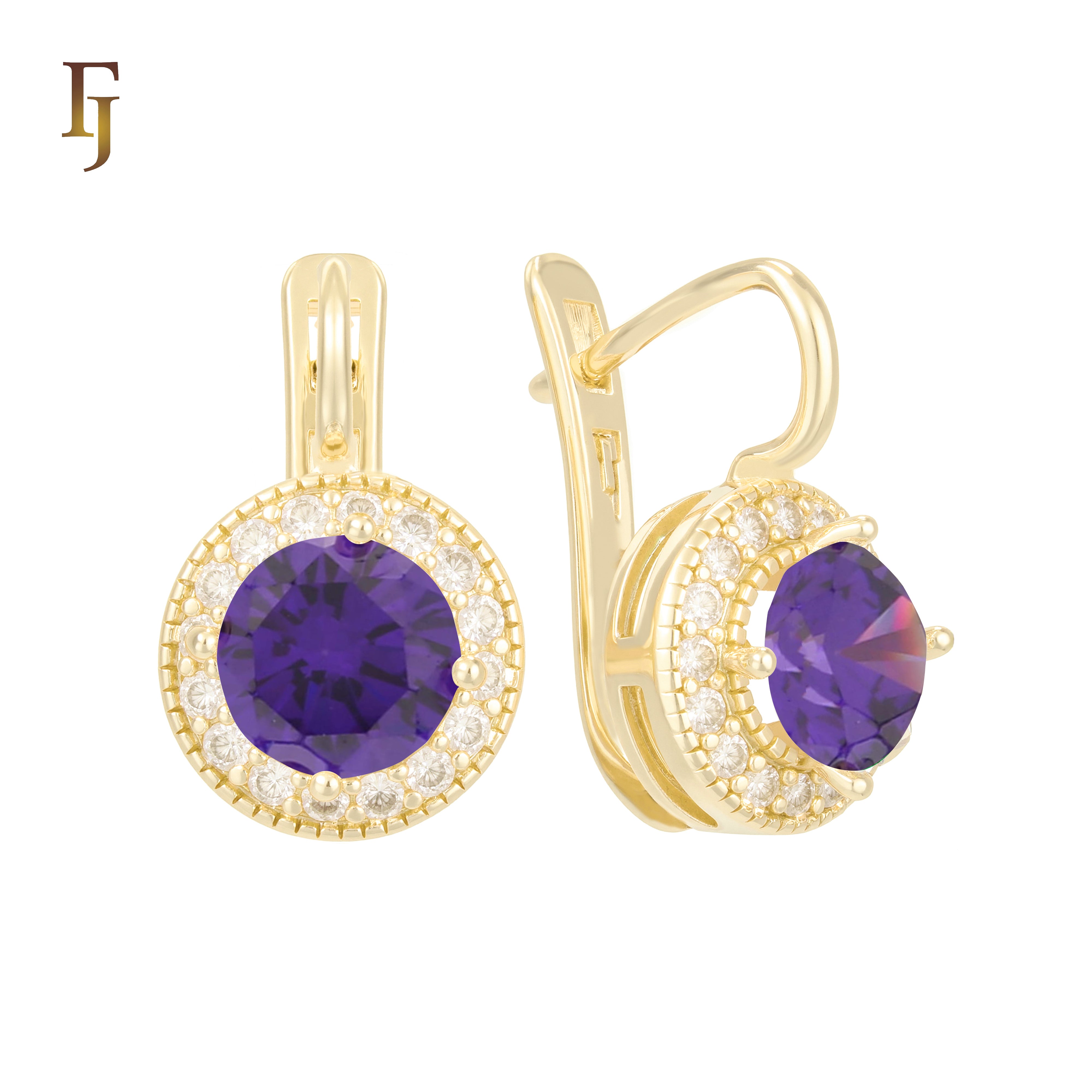 Elegant Halo CZ Russian Lock Earrings – Gold Plated Round Drop | Sparkling Non-Tarnish Jewelry by FJ