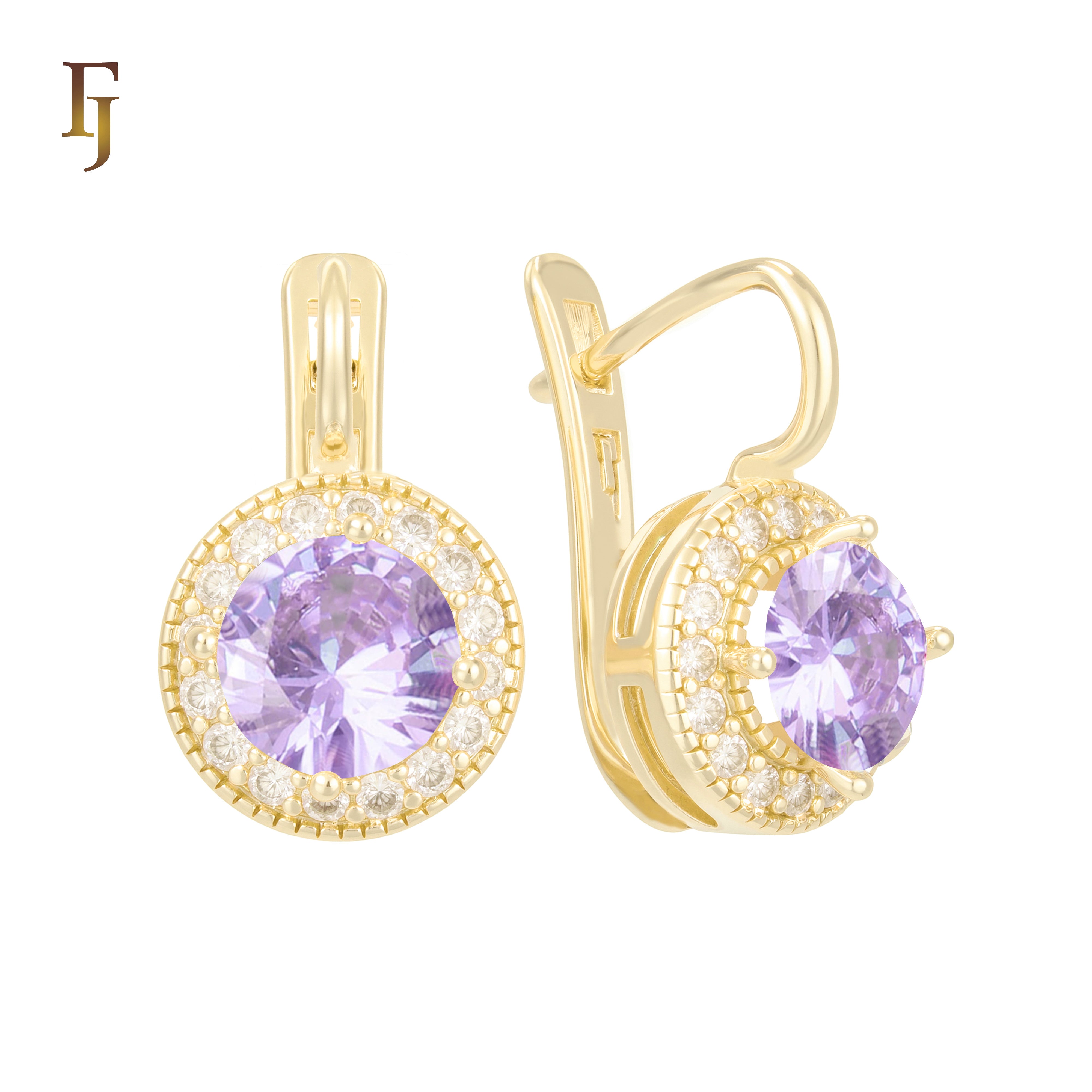 Elegant Halo CZ Russian Lock Earrings – Gold Plated Round Drop | Sparkling Non-Tarnish Jewelry by FJ