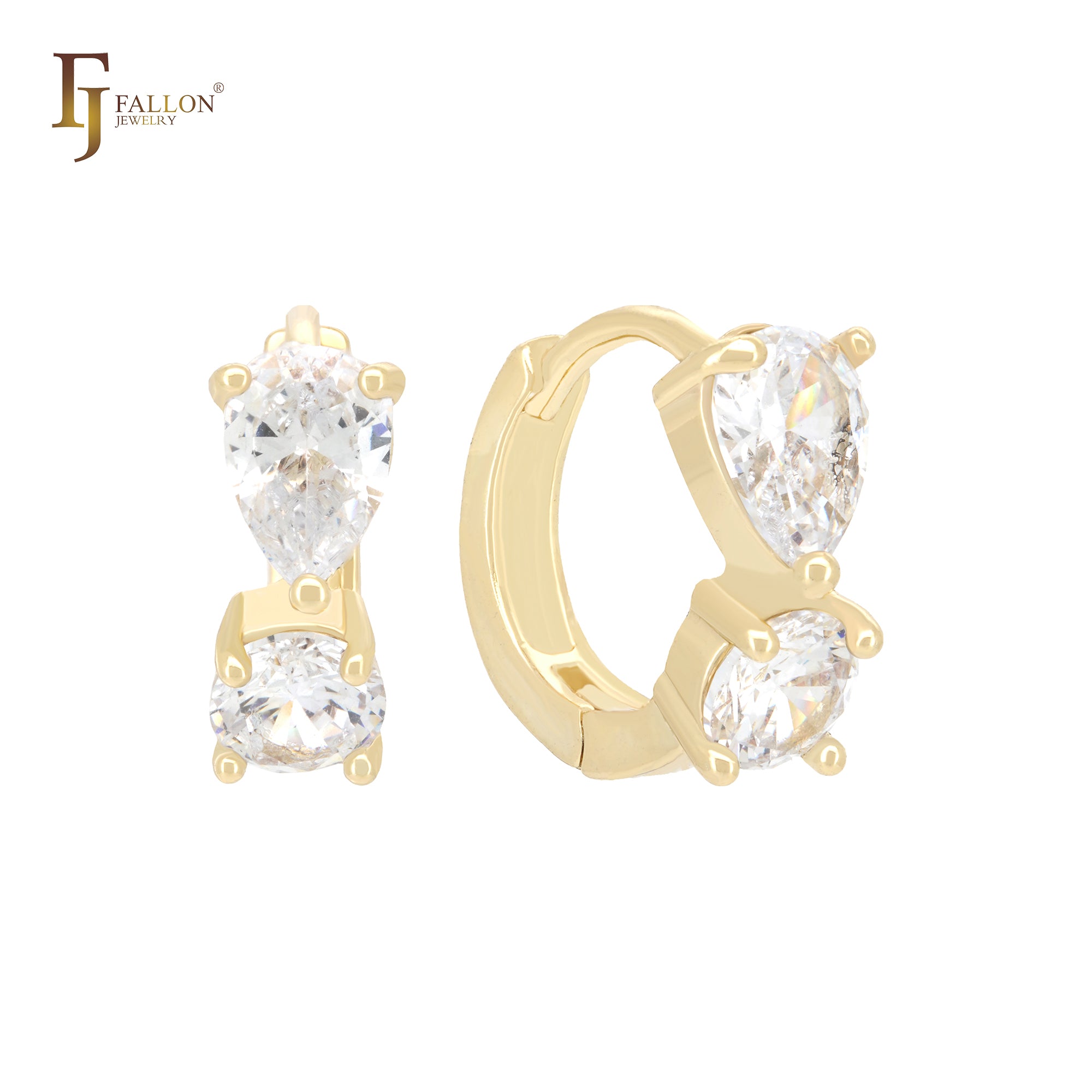 Double white CZs 14K Gold Huggie Earrings
