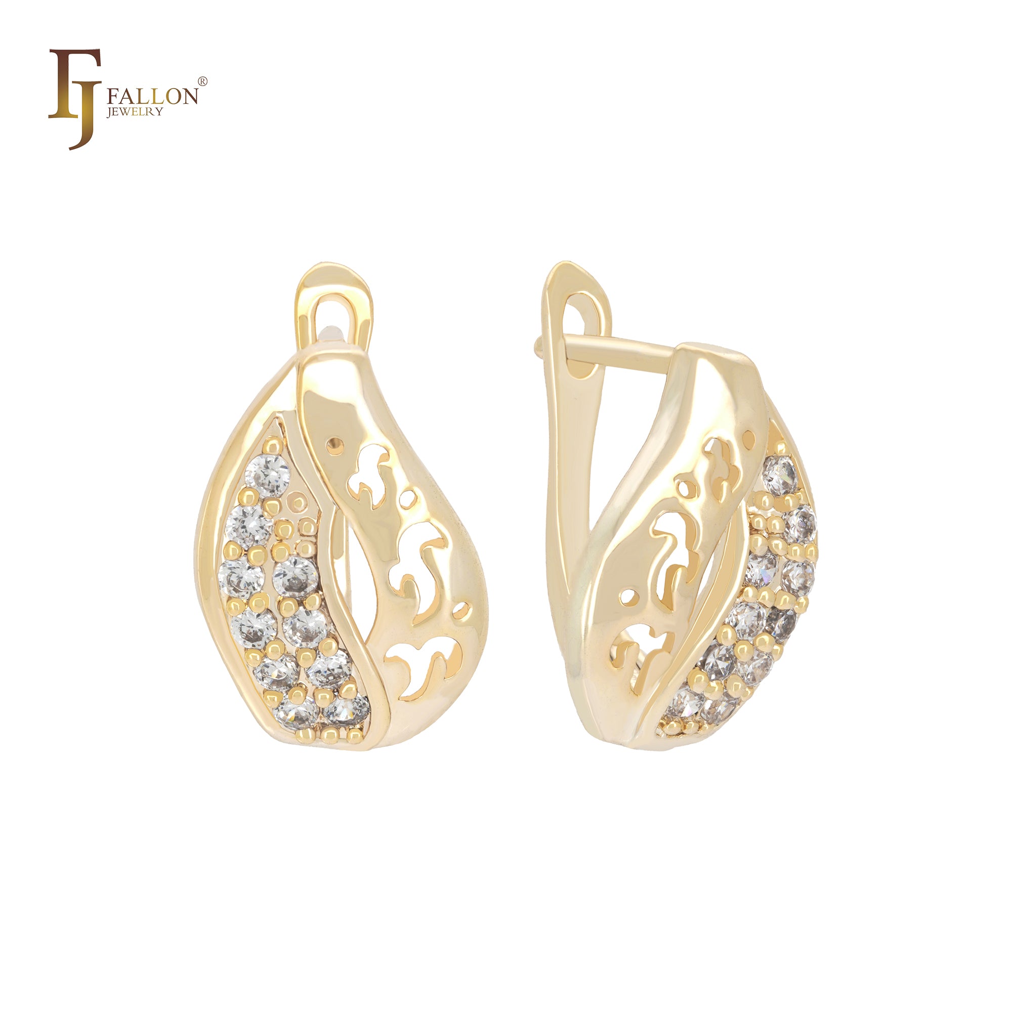 Half cluster white CZs 14K Gold Russian Lock Earrings