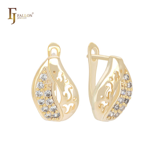 Half cluster white CZs 14K Gold Russian Lock Earrings