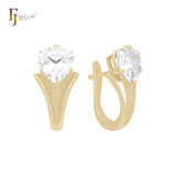 Triangular white CZs solitaire 14K Gold Russian Lock Earrings