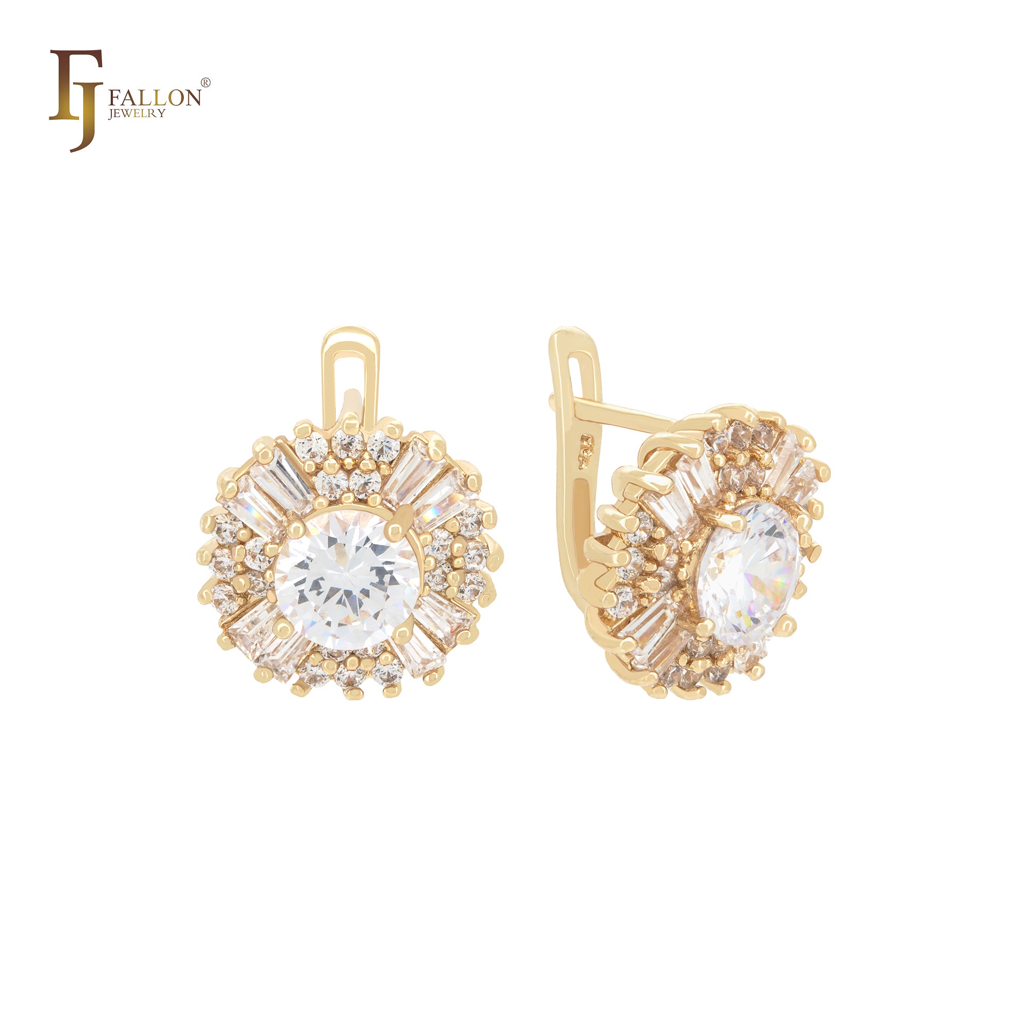 Cluster white CZs multi shape 14K Gold Russian Lock Earrings