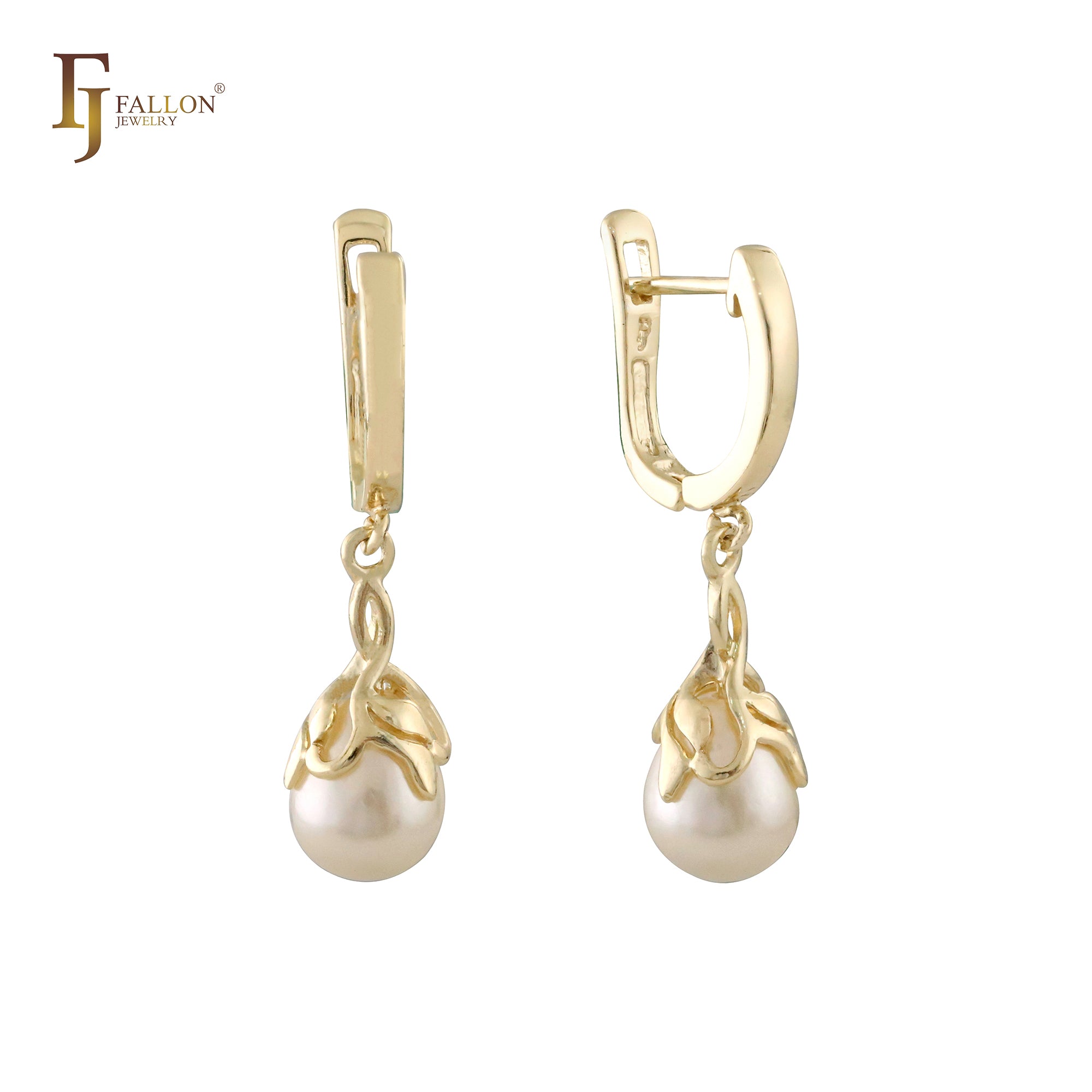 Perle unter Blättern Tropfen Roségold, 14K Gold Ohrringe