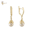 Perle unter Blättern Tropfen Roségold, 14K Gold Ohrringe