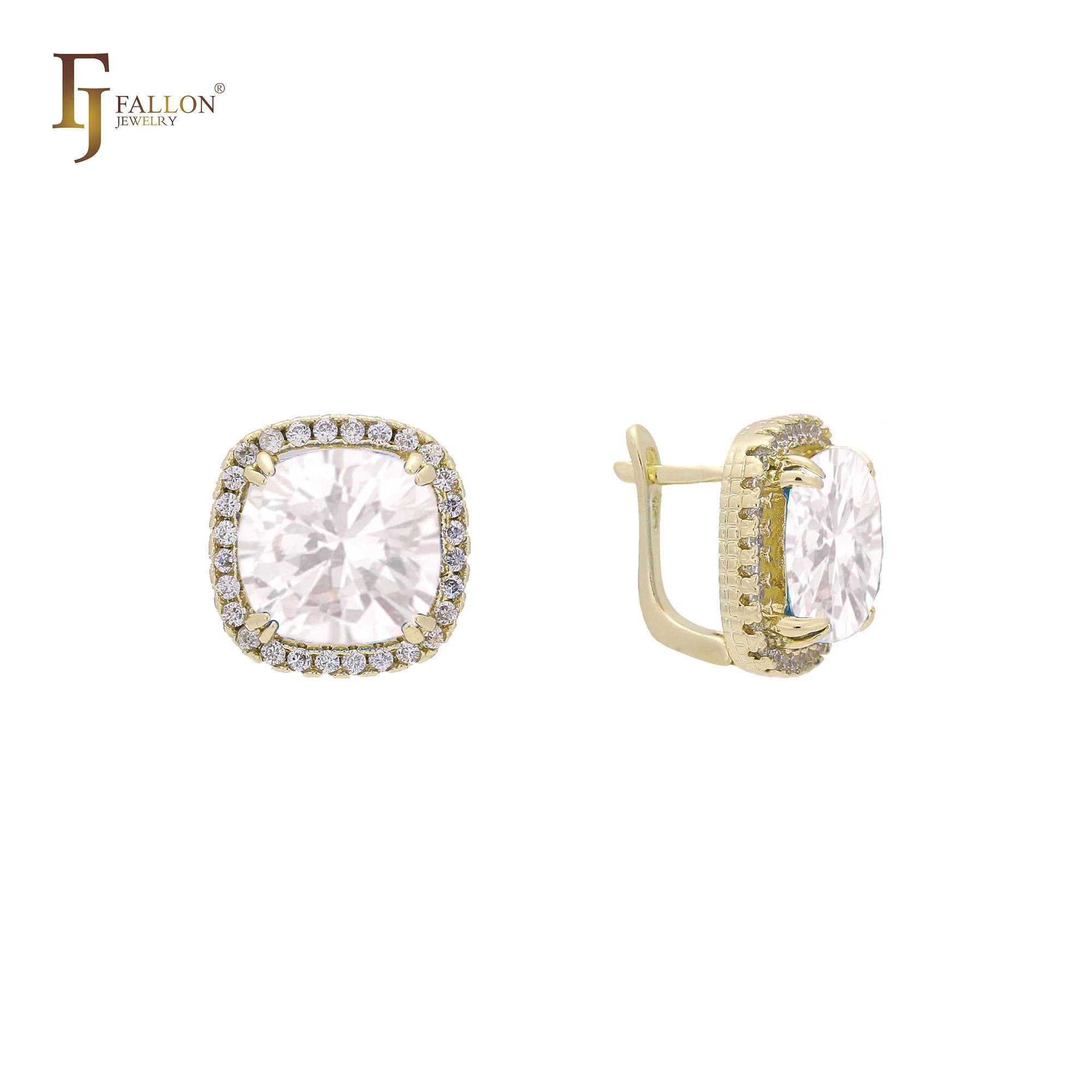 Halo Solitaire 大宝石耳环，14K 金、18K 金、玫瑰金镀层