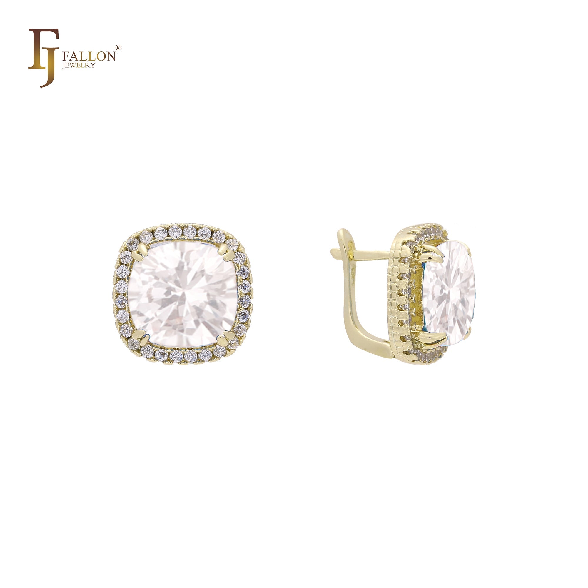 Halo Solitaire 大宝石耳环，14K 金、18K 金、玫瑰金镀层