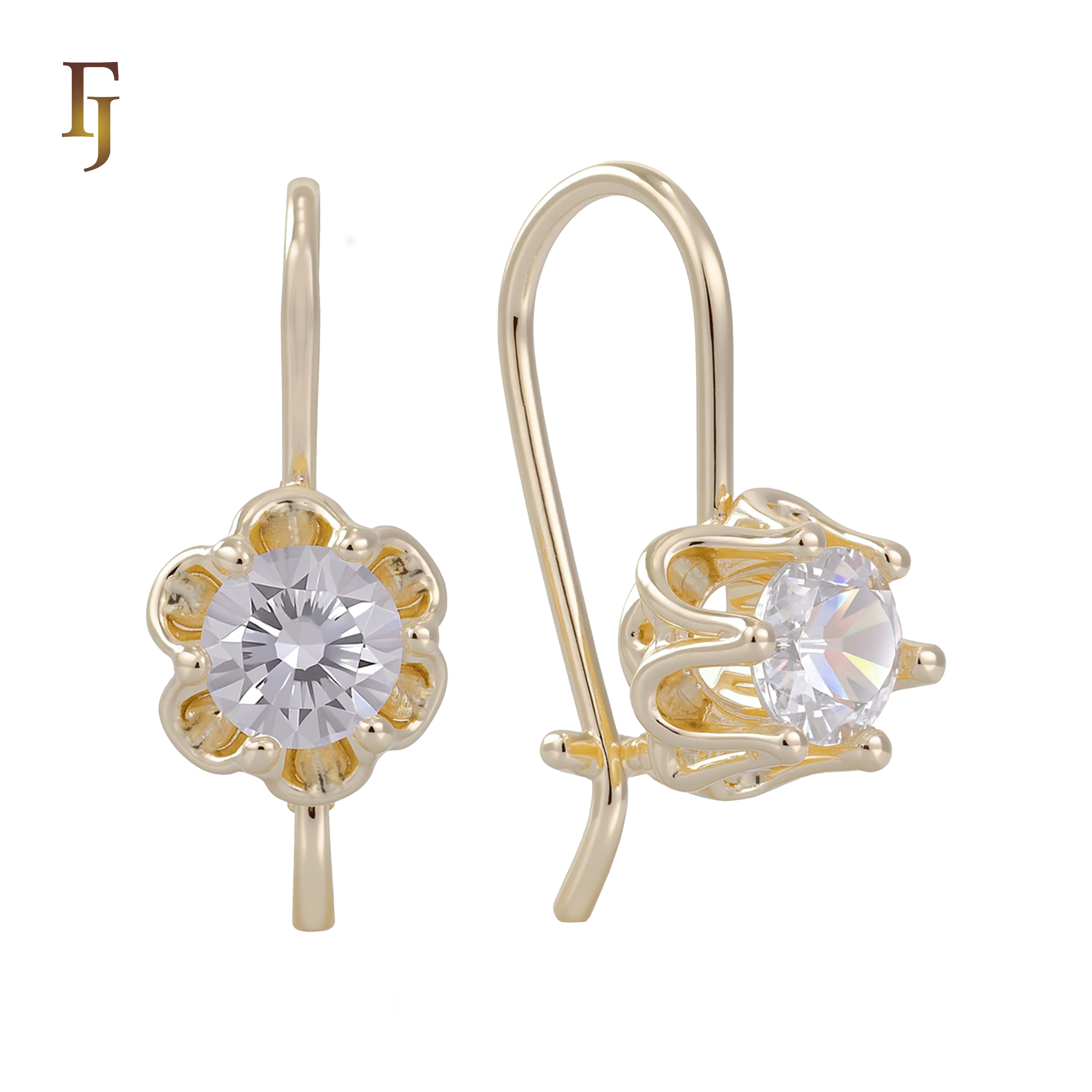 Gold Wire Hook Earrings – Floral Prong CZ Drop Design | Lightweight Dainty Jewelry by FJ