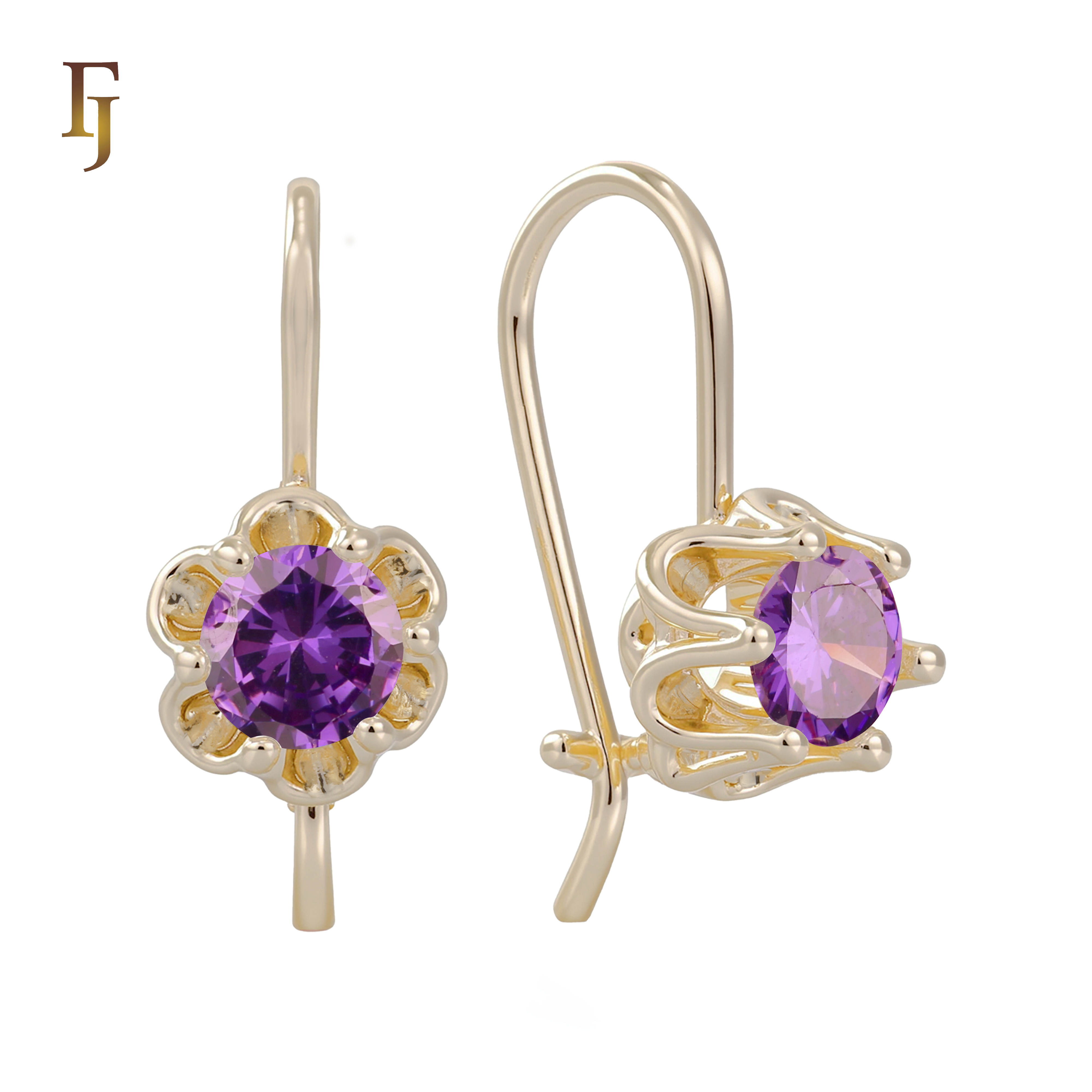 Gold Wire Hook Earrings – Floral Prong CZ Drop Design | Lightweight Dainty Jewelry by FJ