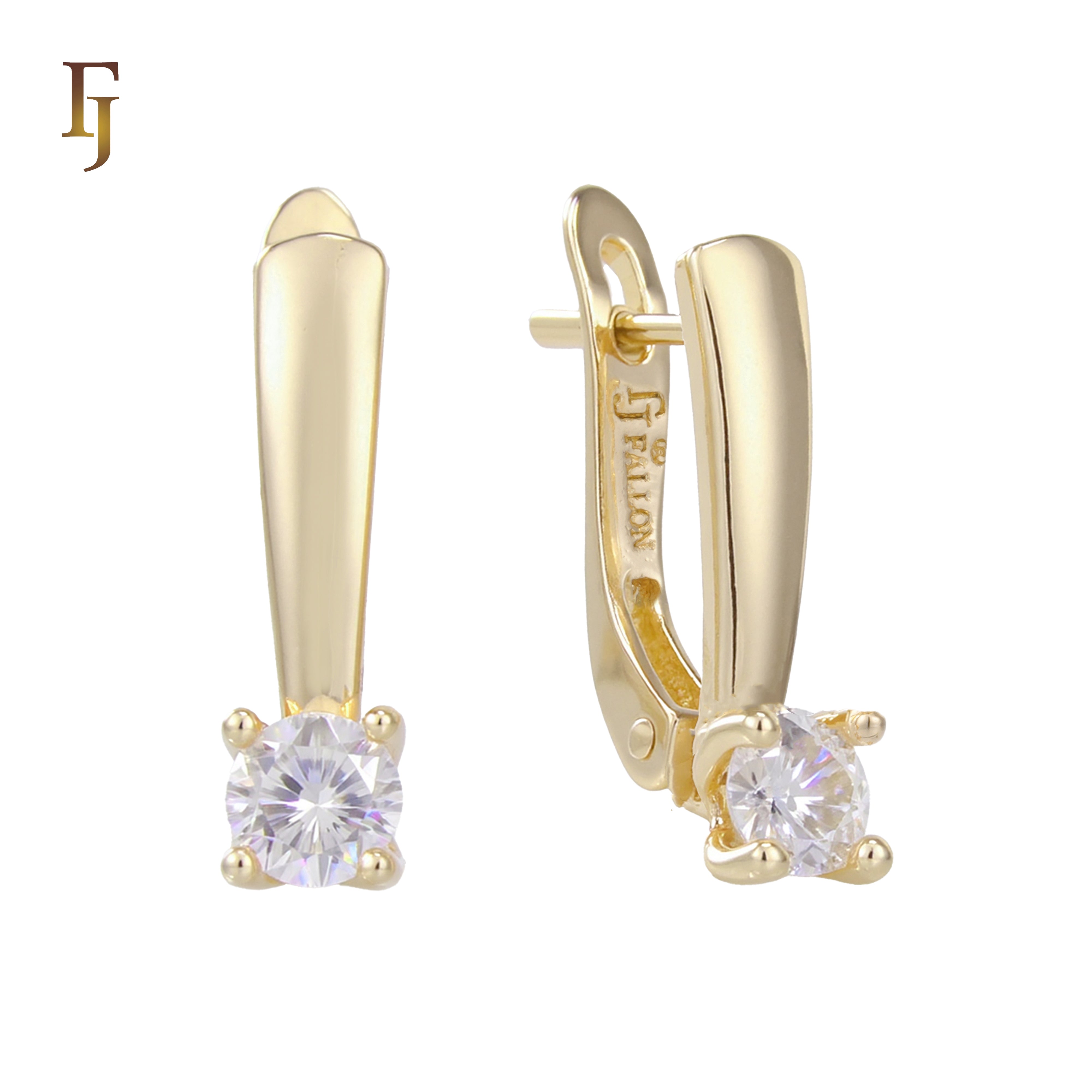 Gold Russian Lock Earrings – Minimalist Drop with CZ Solitaire | Non-Pierced Classic Jewelry by FJ