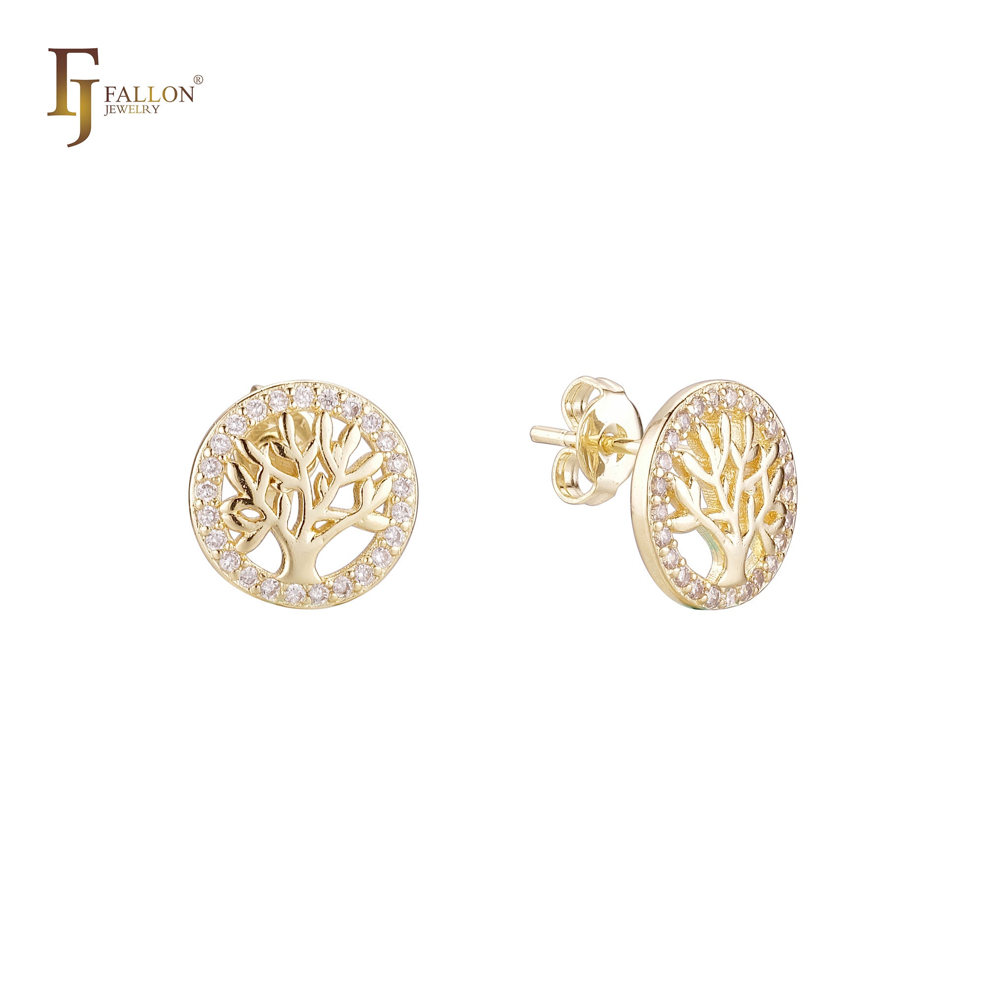 Tree of life halo white CZs 14K Gold Stud Earrings