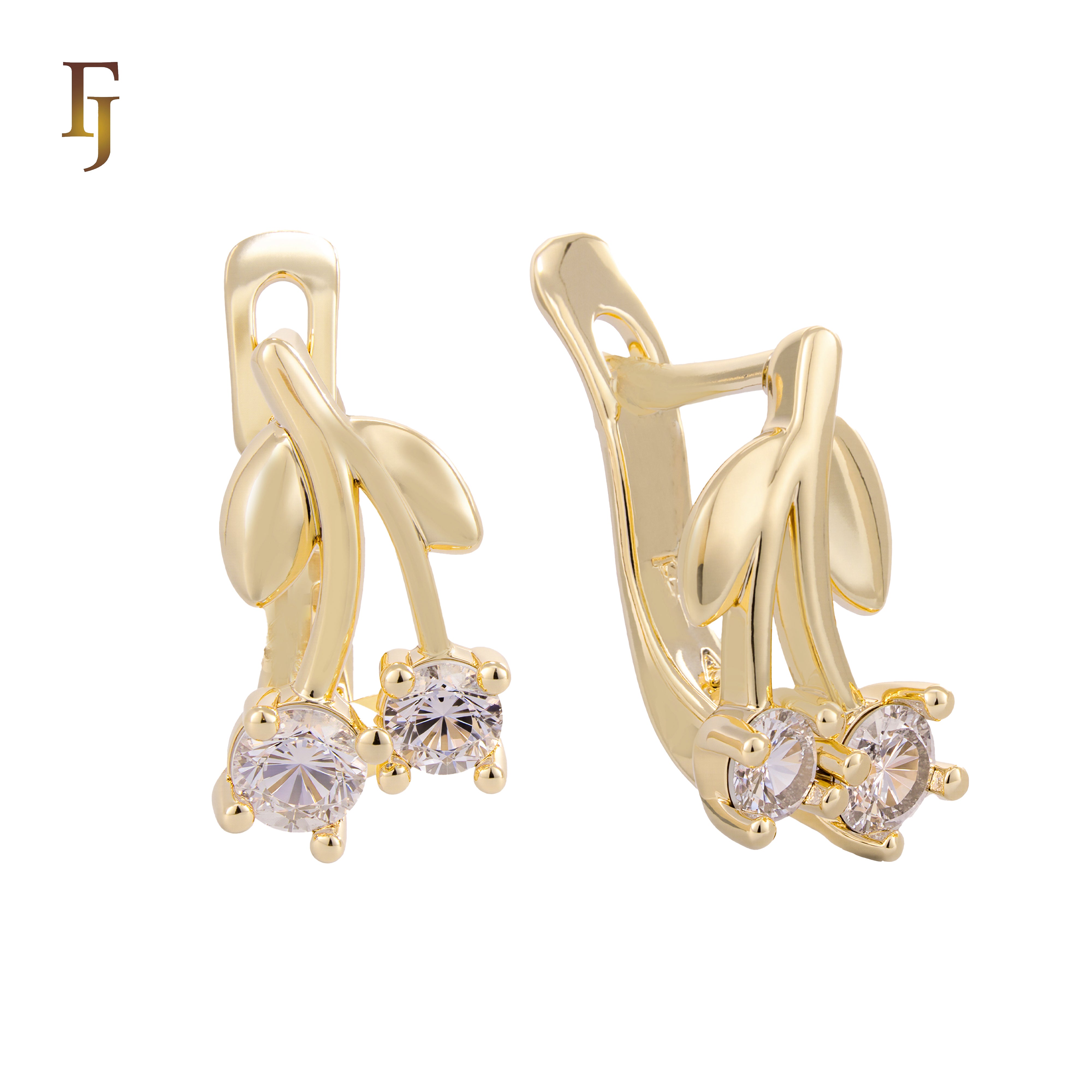 Child Russian Lock Earrings – Leaf and Branch Design with CZ Drops | Kids Nature-Inspired Jewelry by FJ
