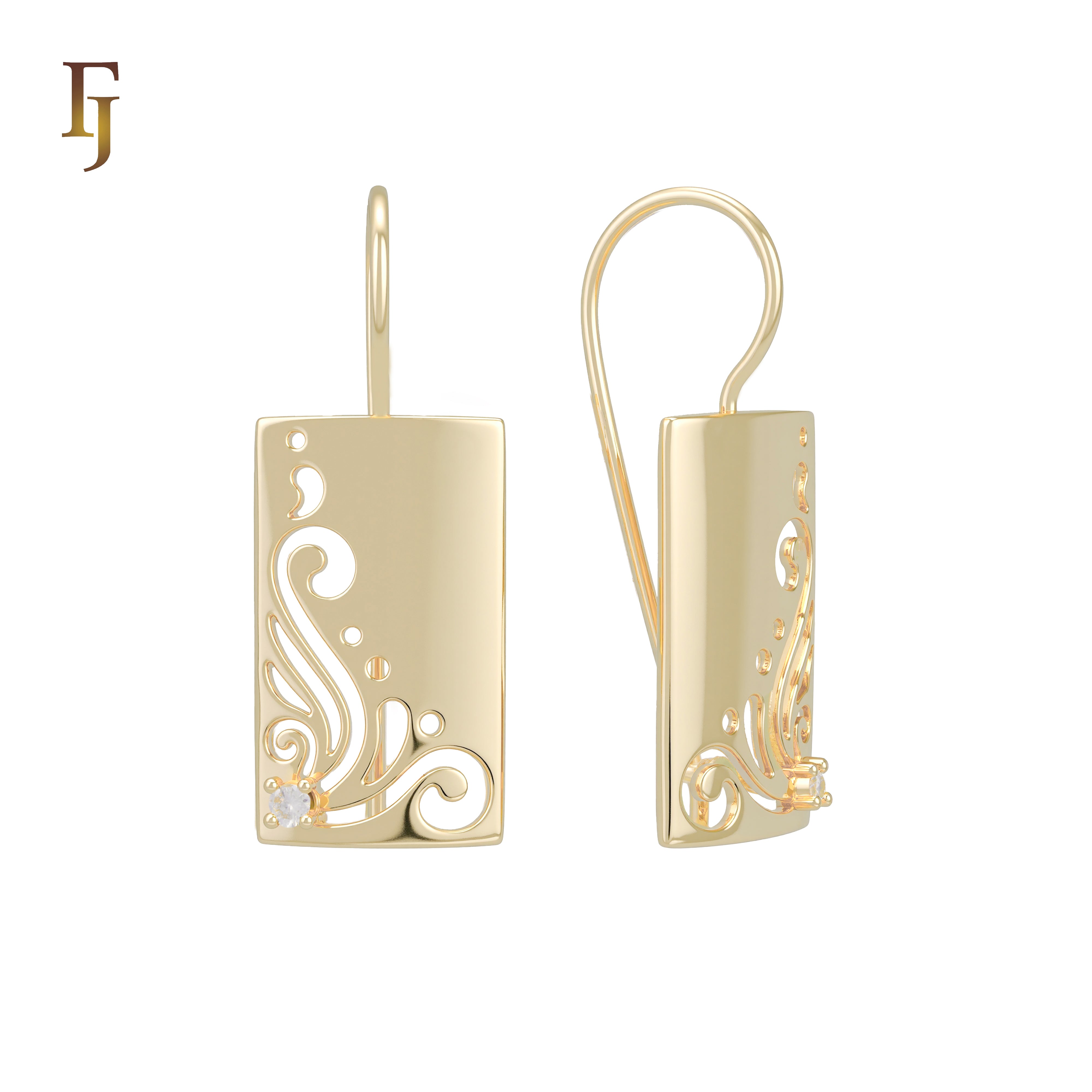 Gold Plated Wire Hook Earrings – Rectangular Panel with Swirl Cutout & CZ Accent | Artistic Lightweight Jewelry by FJ