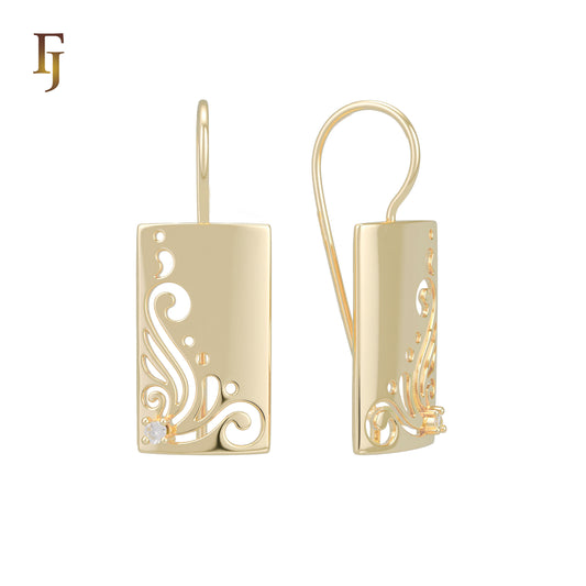 Gold Plated Wire Hook Earrings – Rectangular Panel with Swirl Cutout & CZ Accent | Artistic Lightweight Jewelry by FJ