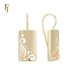 Gold Plated Wire Hook Earrings – Rectangular Panel with Swirl Cutout & CZ Accent | Artistic Lightweight Jewelry by FJ
