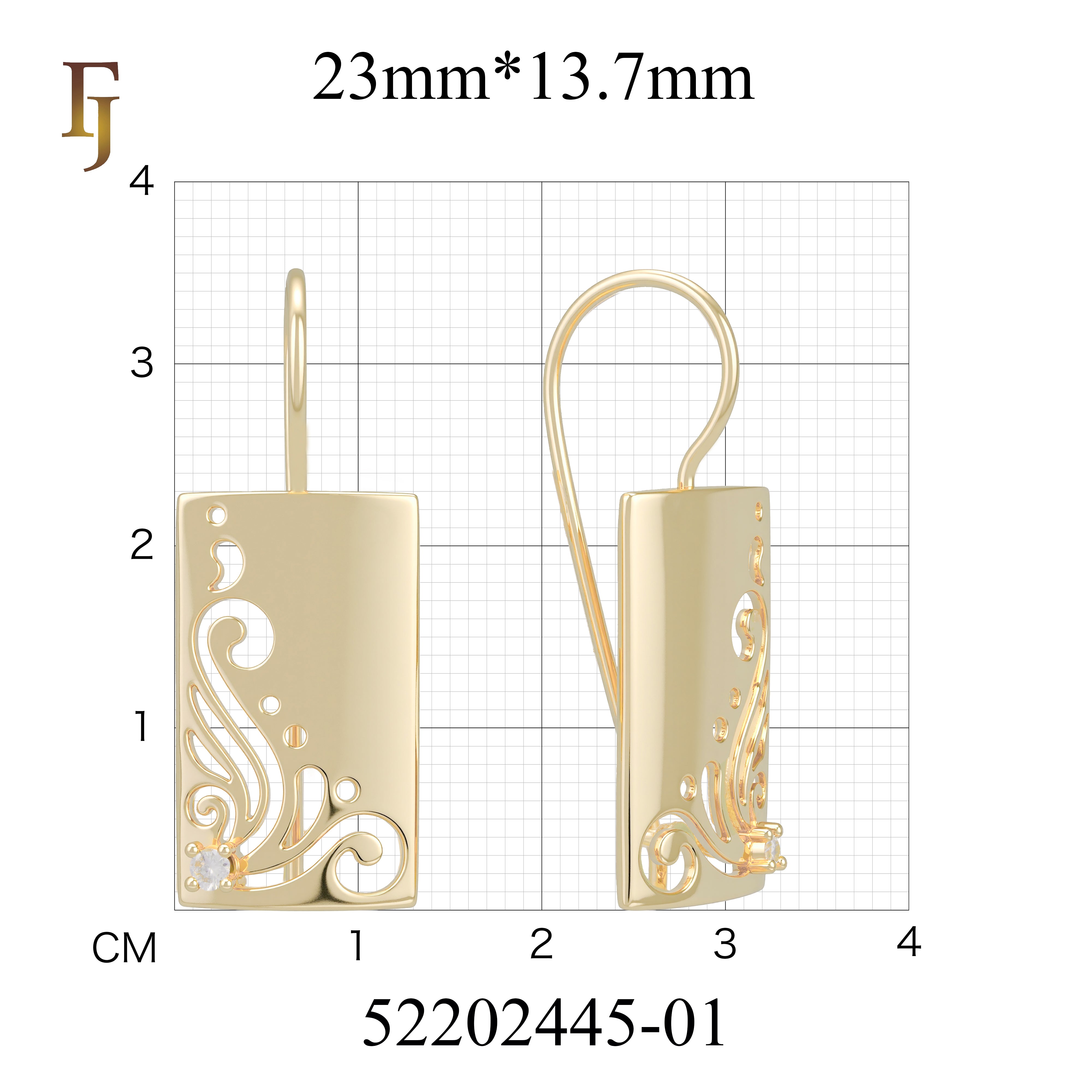 Gold Plated Wire Hook Earrings – Rectangular Panel with Swirl Cutout & CZ Accent | Artistic Lightweight Jewelry by FJ