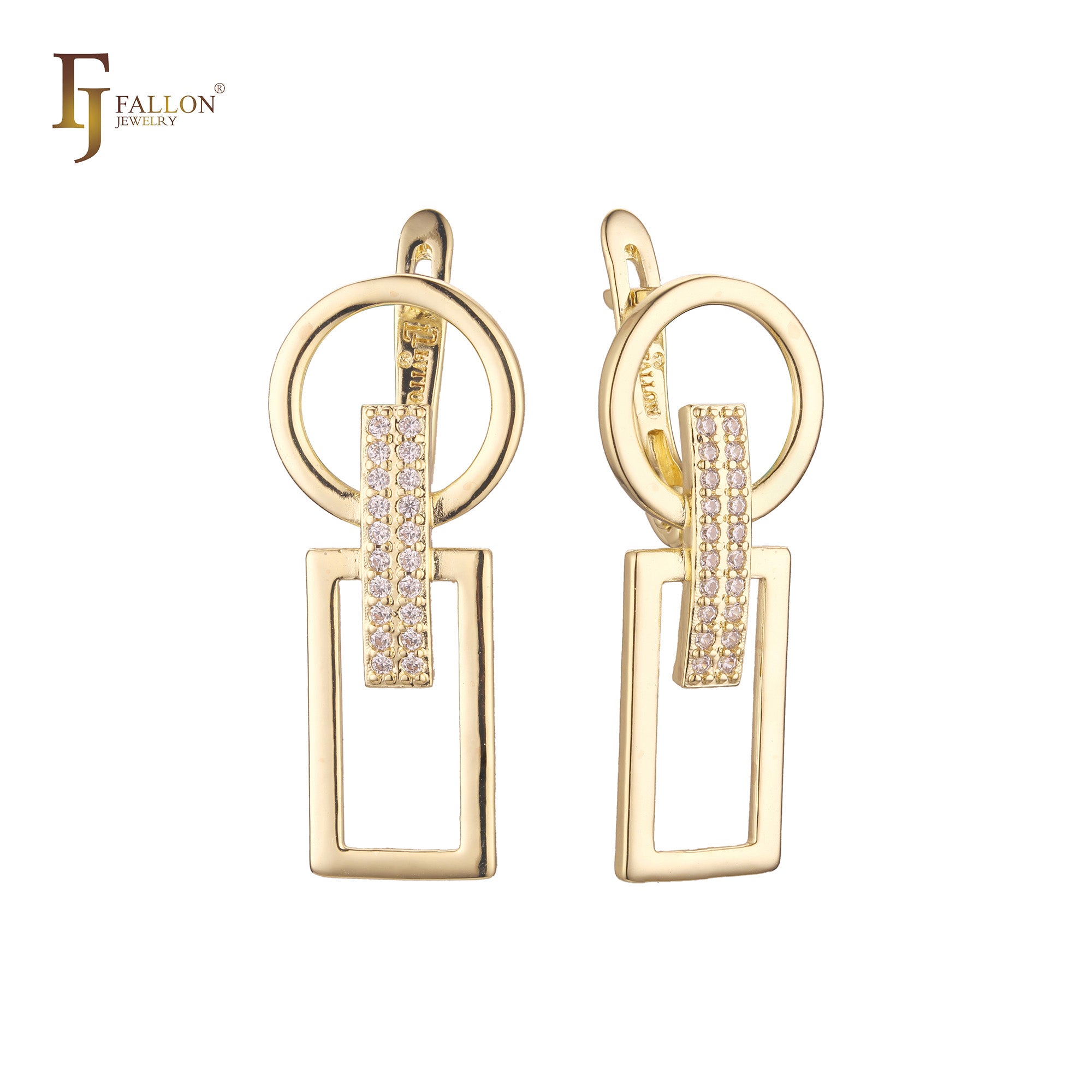 .Geometric circle matched rectangle earrings plated in 14K Gold, Rose Gold, two tone