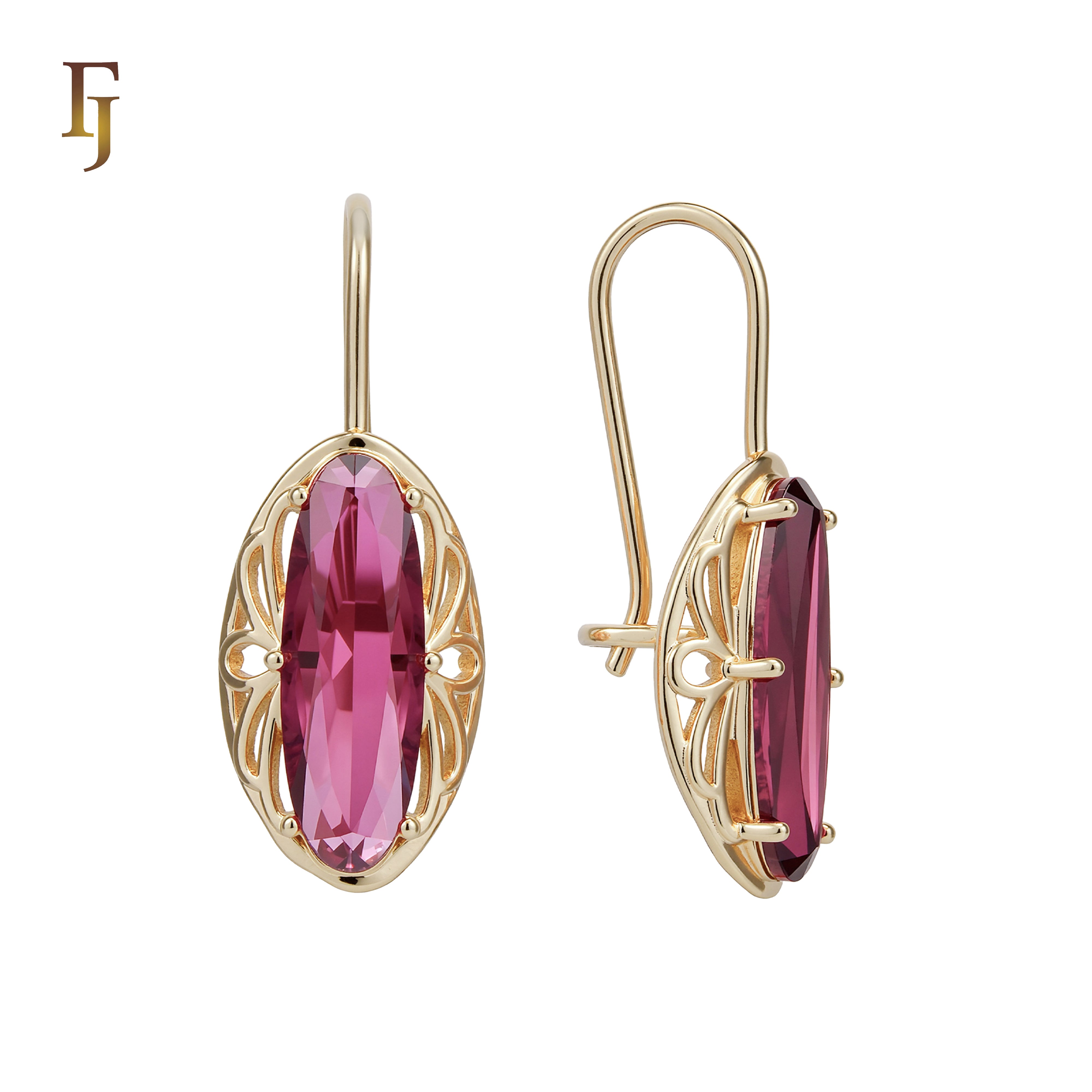 Gold Wire Hook Earrings – Oval Purple CZ with Filigree Frame | Elegant Pierced Jewelry by FJ