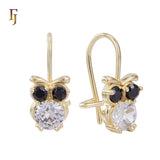 Gold Child Earrings – Owl Design Wire Hook with CZ Eyes & Body | Cute Non-Tarnish Jewelry by FJ
