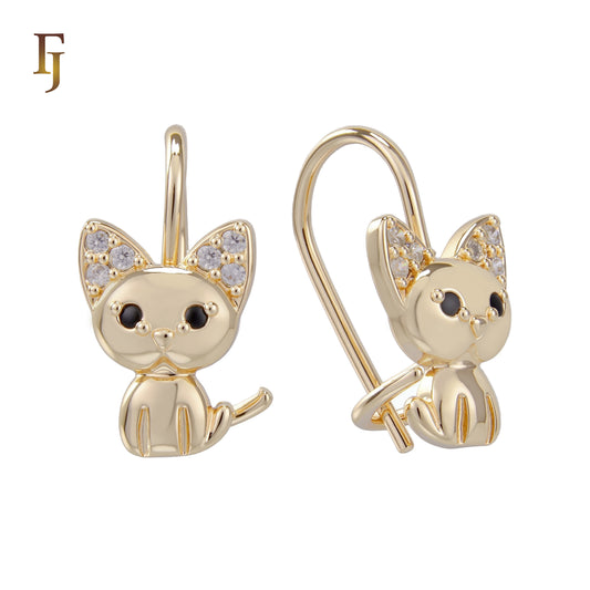 Gold Child Earrings – Cute Cat Wire Hook with CZ Ears | Non-Tarnish Pierced Jewelry by FJ