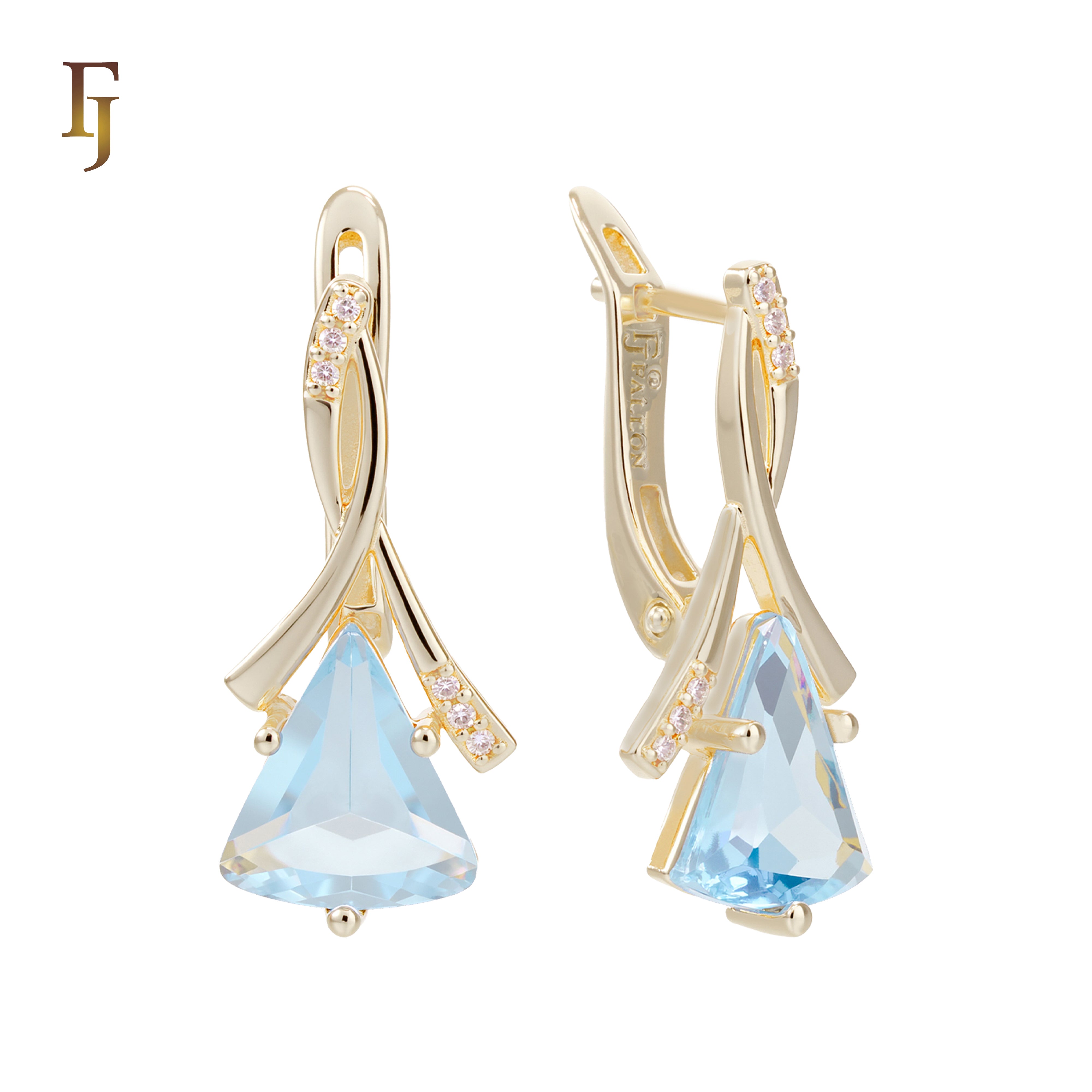🔥 Gold Russian Lock Earrings – Blue Triangle CZ Drop with Crisscross Pavé Design | Elegant Non-Tarnish Jewelry by FJ