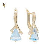 🔥 Gold Russian Lock Earrings – Blue Triangle CZ Drop with Crisscross Pavé Design | Elegant Non-Tarnish Jewelry by FJ