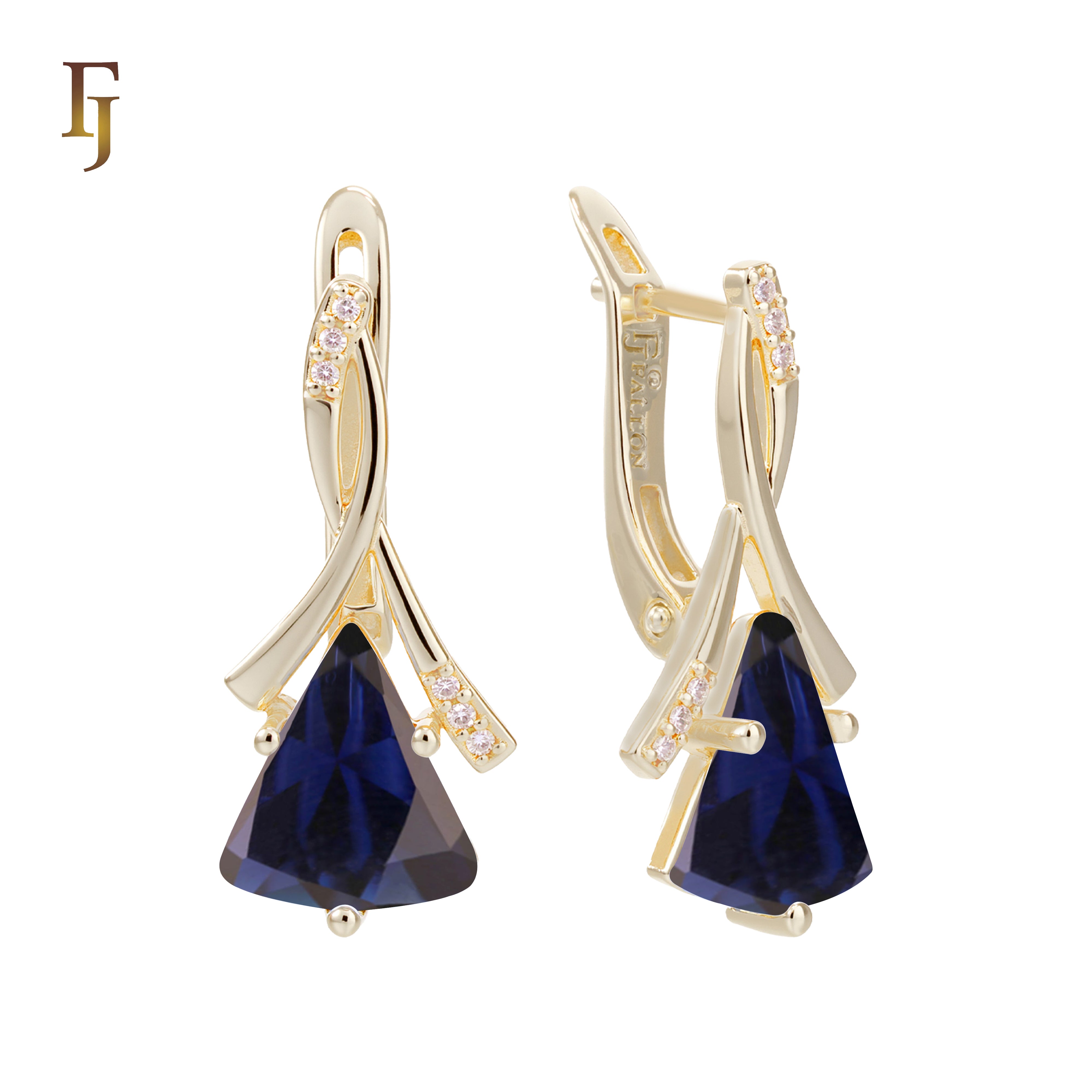 🔥 Gold Russian Lock Earrings – Blue Triangle CZ Drop with Crisscross Pavé Design | Elegant Non-Tarnish Jewelry by FJ