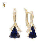 🔥 Gold Russian Lock Earrings – Blue Triangle CZ Drop with Crisscross Pavé Design | Elegant Non-Tarnish Jewelry by FJ