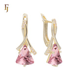 🔥 Gold Russian Lock Earrings – Blue Triangle CZ Drop with Crisscross Pavé Design | Elegant Non-Tarnish Jewelry by FJ
