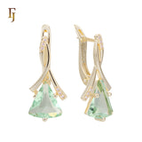 🔥 Gold Russian Lock Earrings – Blue Triangle CZ Drop with Crisscross Pavé Design | Elegant Non-Tarnish Jewelry by FJ