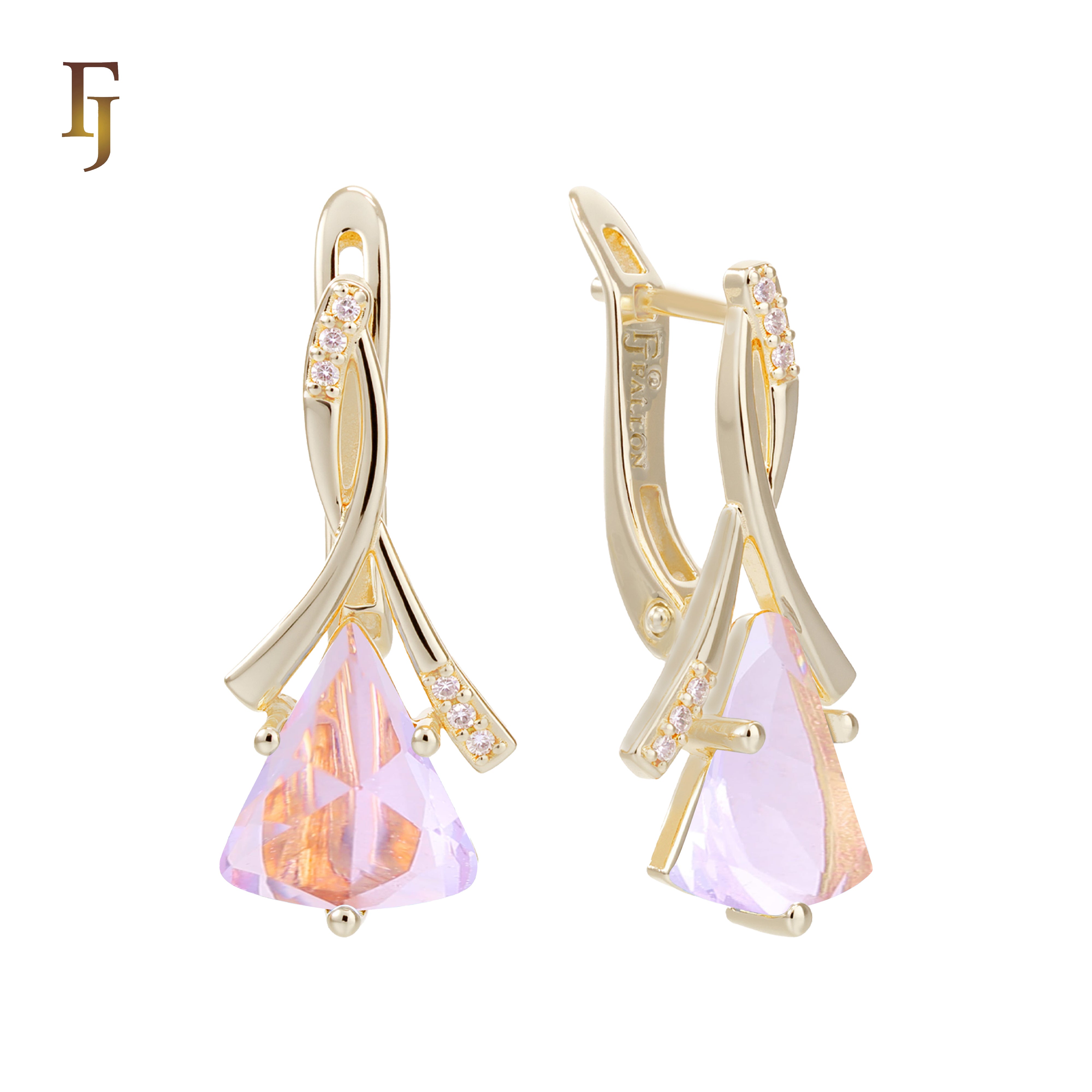 🔥 Gold Russian Lock Earrings – Blue Triangle CZ Drop with Crisscross Pavé Design | Elegant Non-Tarnish Jewelry by FJ