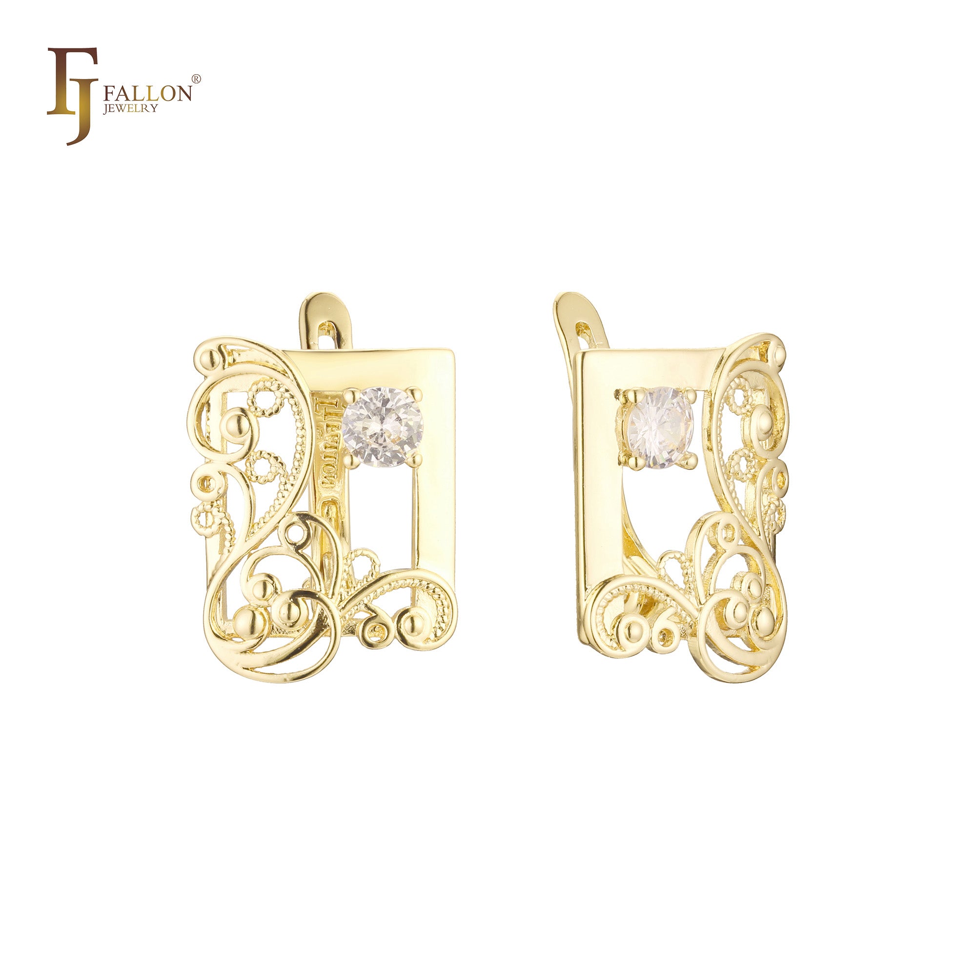 Elegant filigree solitaire earrings in 14K Gold, Rose Gold plating colors