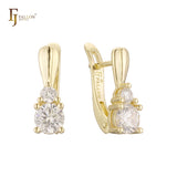 Double Solitaire white CZs Elegant 14K Gold Russian Lock Earrings