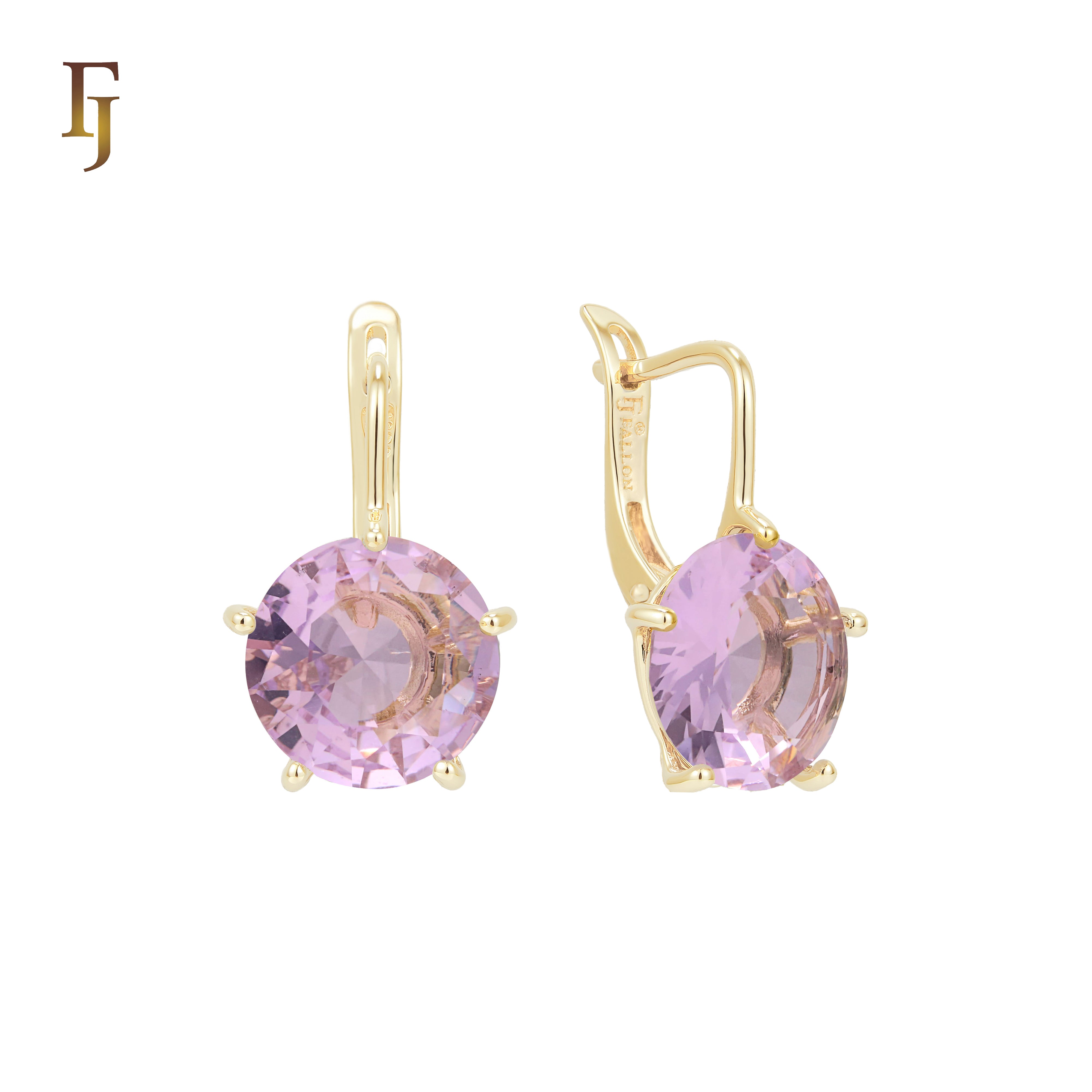 Gold Russian Lock Earrings – Round Light Purple CZ Four-Prong Drop | Minimalist Non-Tarnish Jewelry by FJ