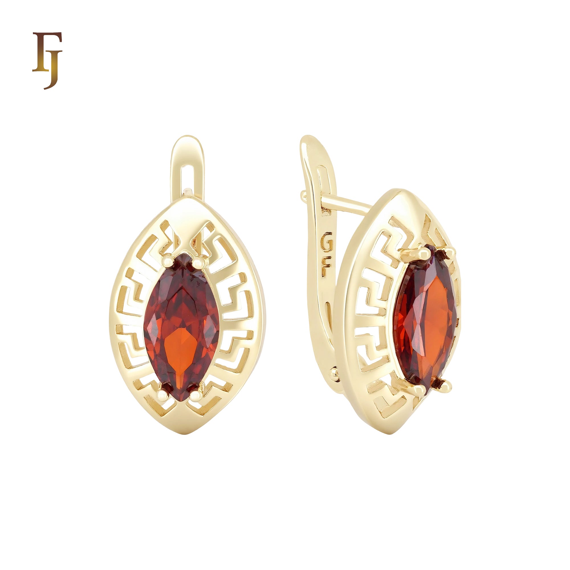 Greek Key Oval Marquise Solitaire Red Stone 14K Gold Russian Lock Earrings